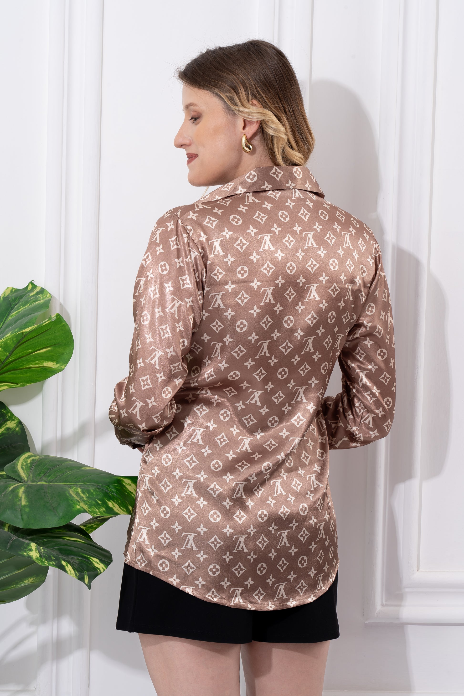 LV Printed Brown Satin Shirt - Vooning