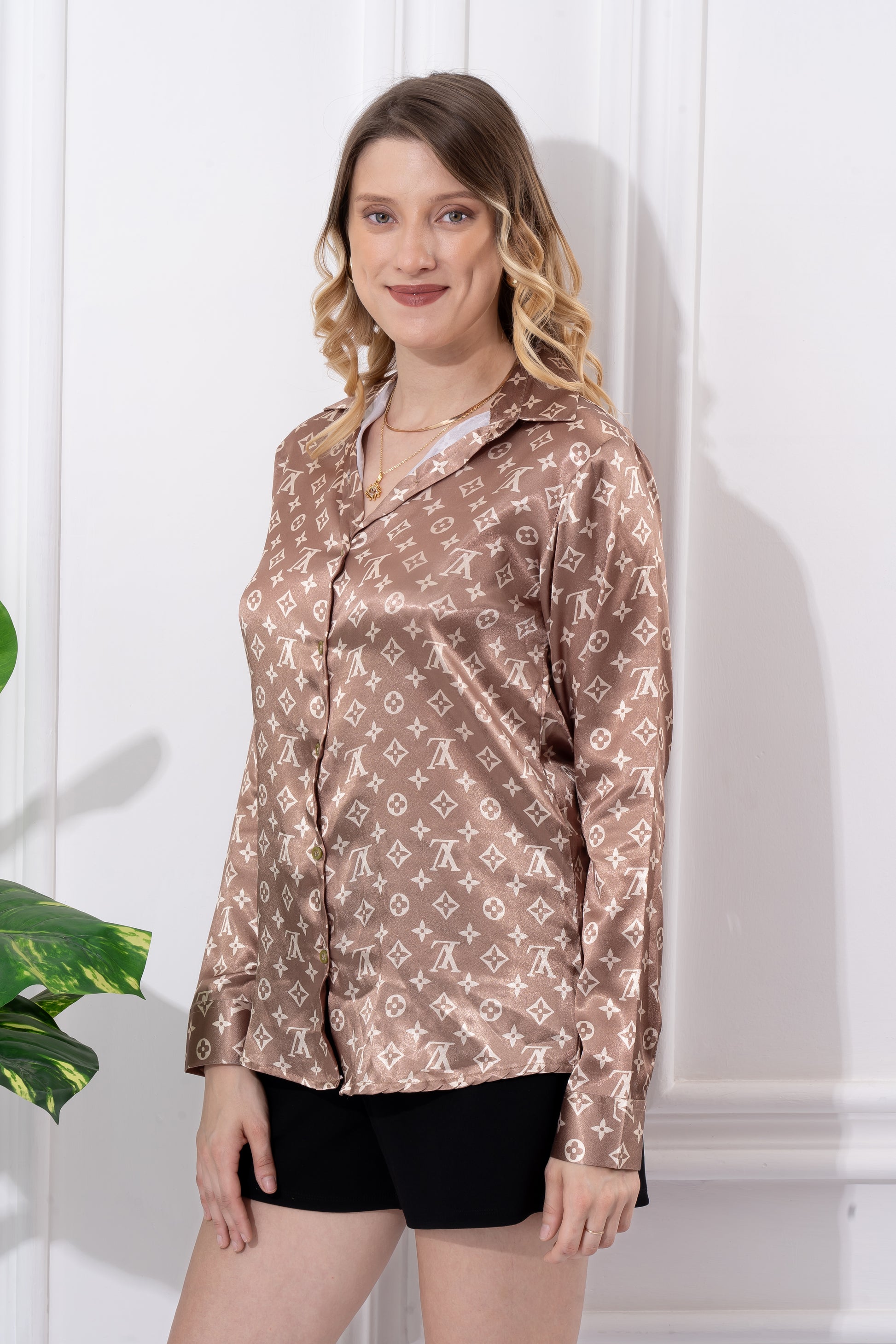 LV Printed Brown Satin Shirt - Vooning
