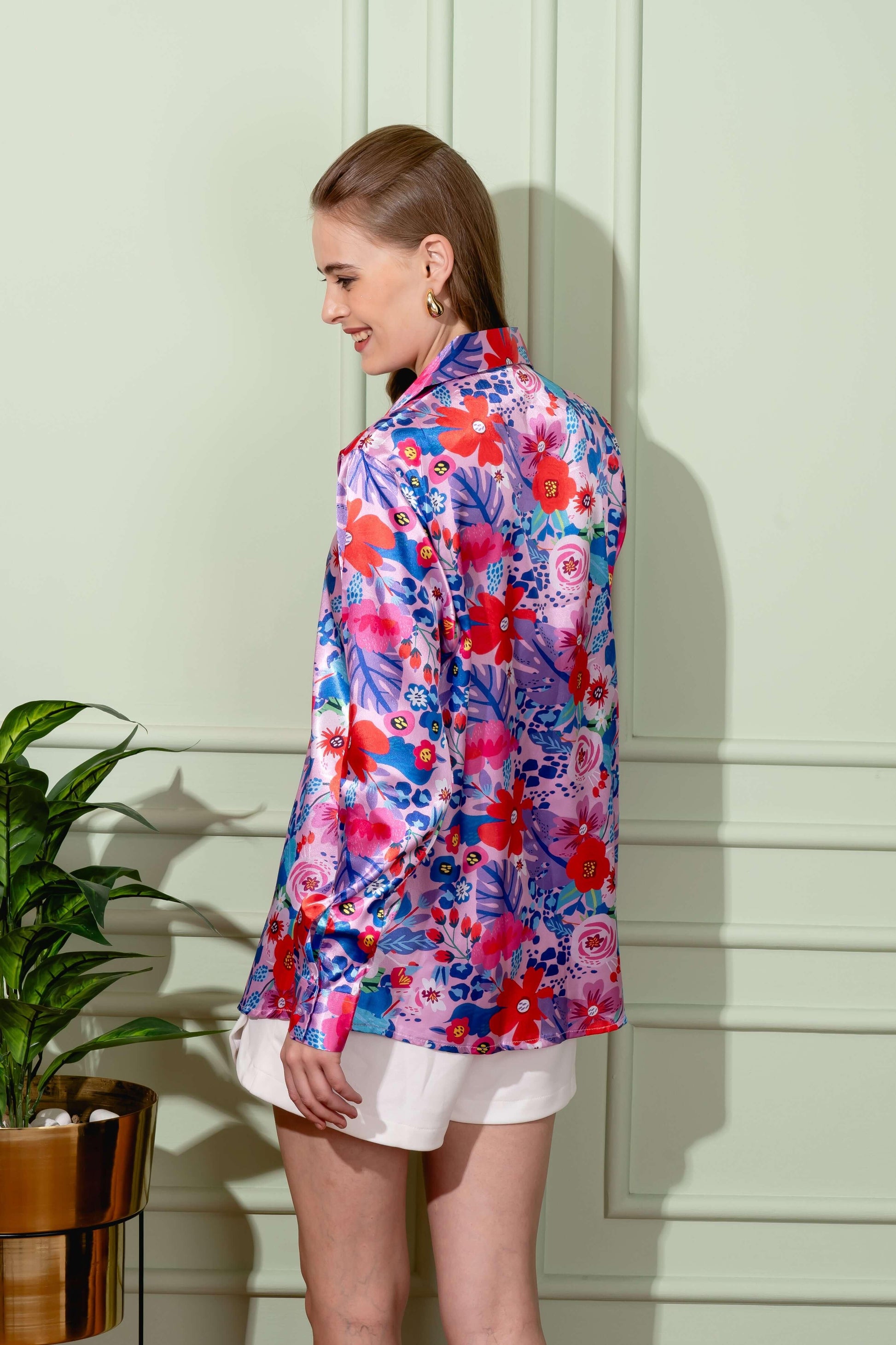 Floral Printed Satin Shirt In Purple - Vooning