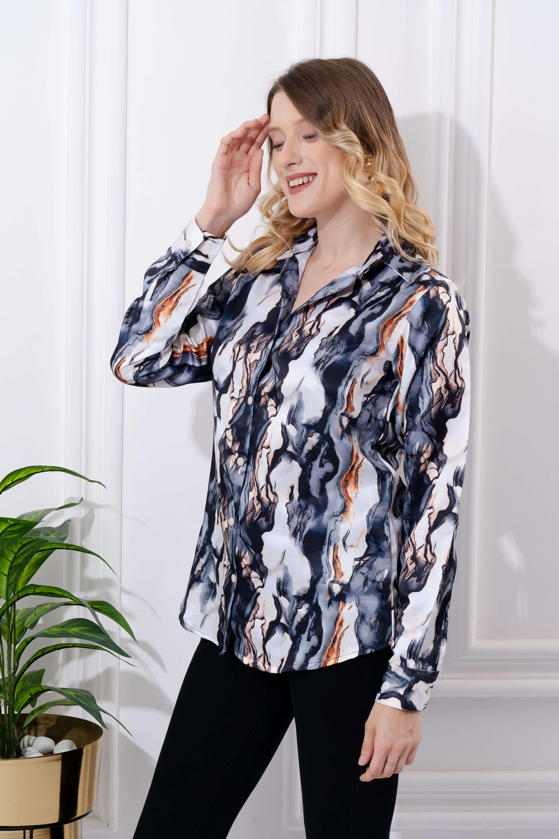 Abstract Marble Printed Satin Shirt - Vooning