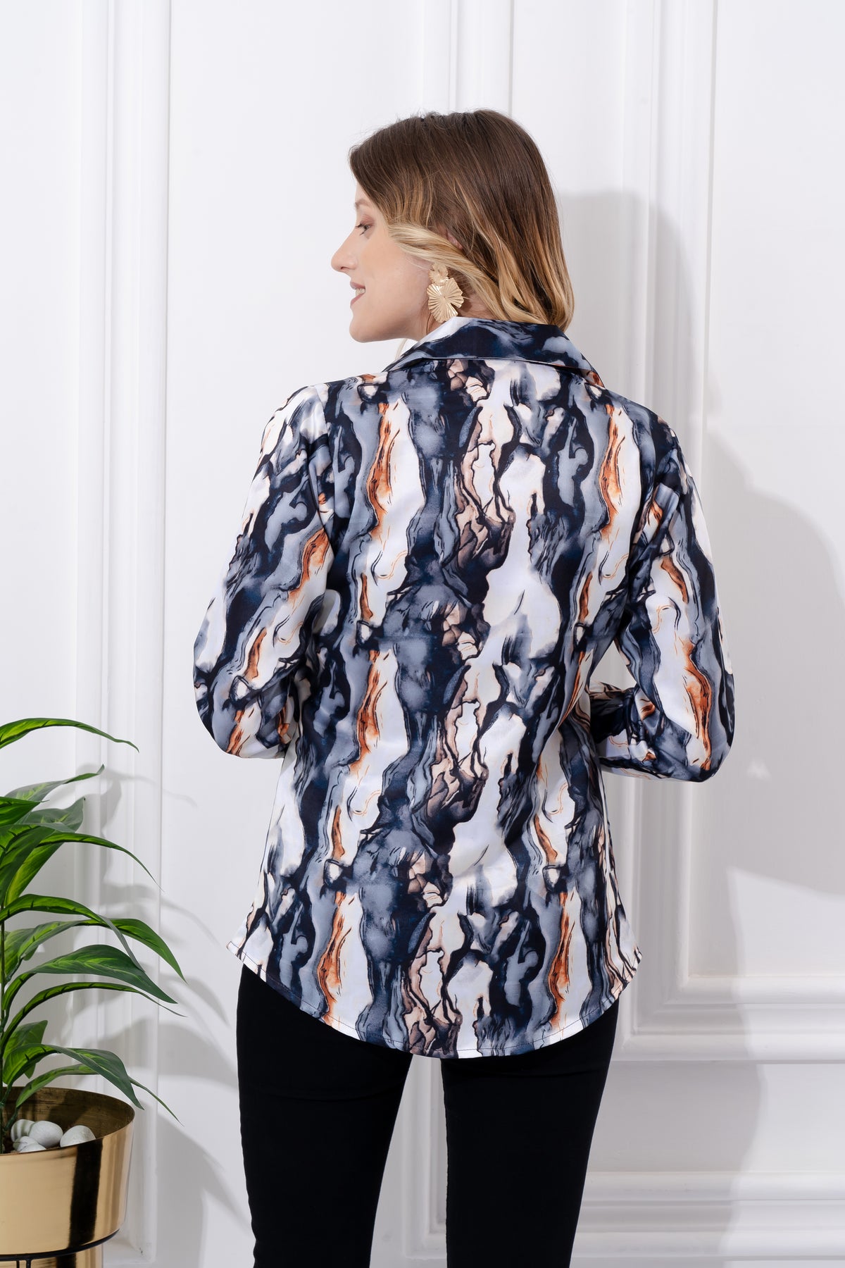 Abstract Marble Printed Satin Shirt