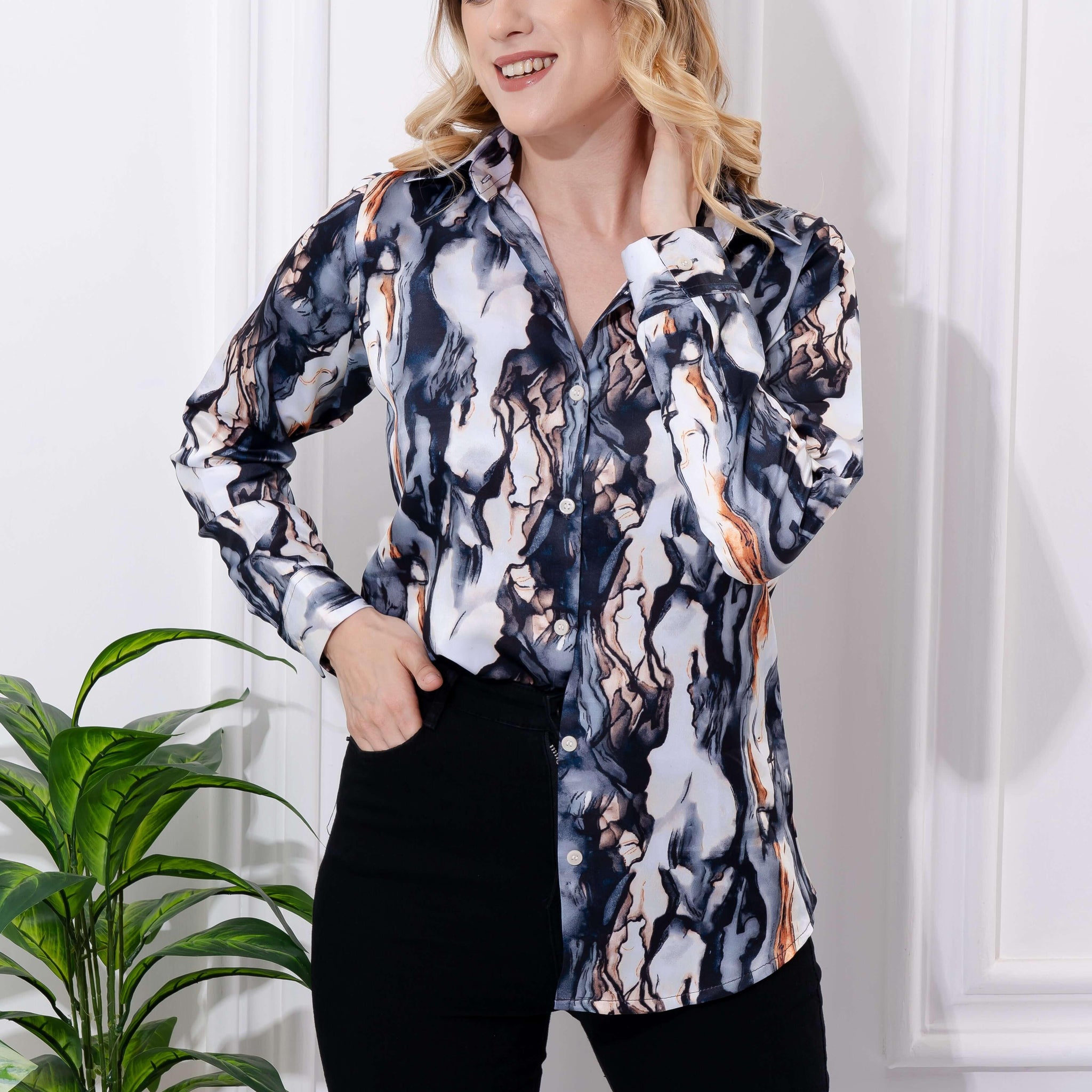 Abstract Marble Printed Satin Shirt - Vooning