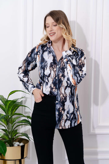 Abstract Marble Printed Satin Shirt - Vooning