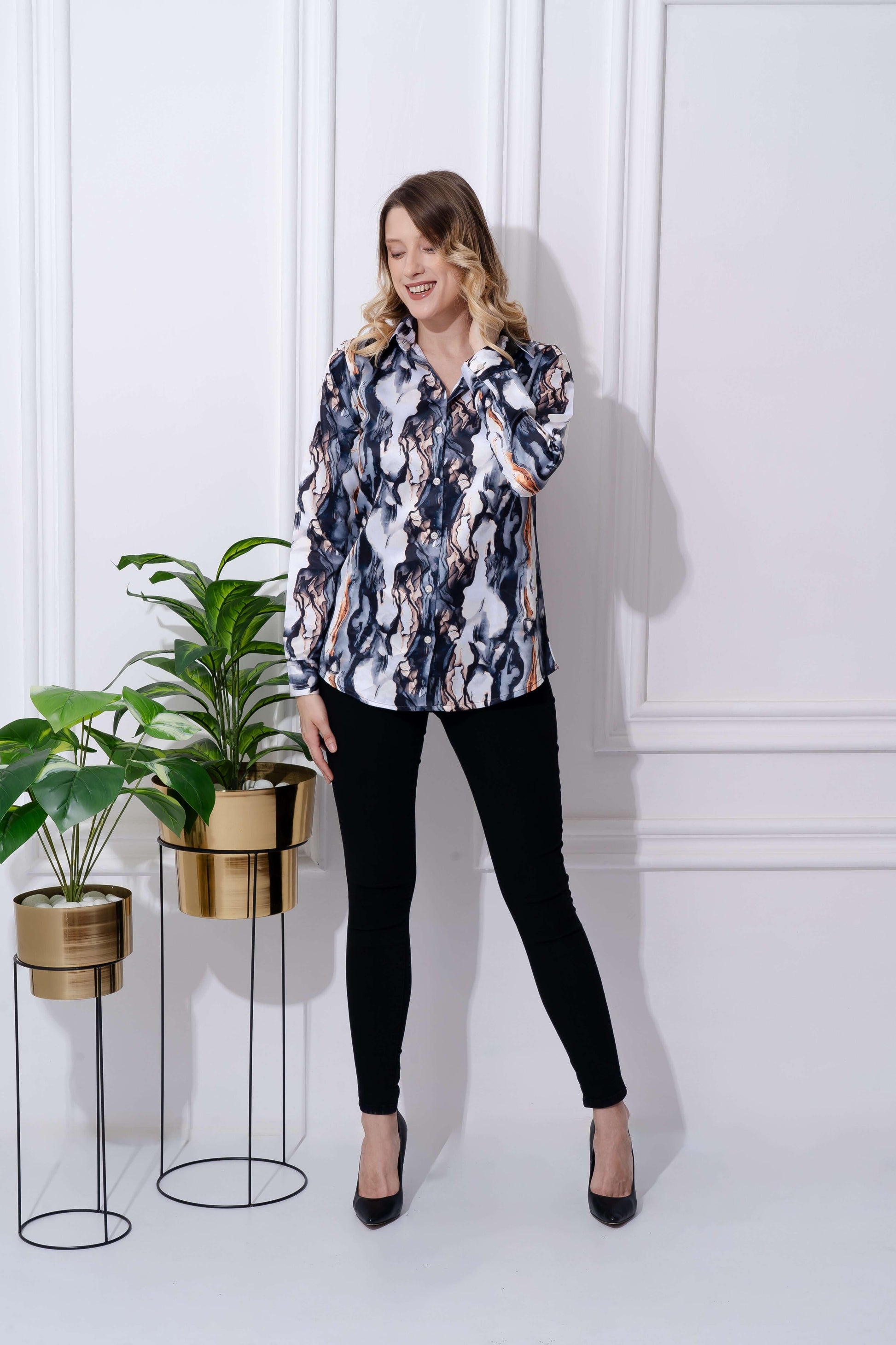 Abstract Marble Printed Satin Shirt - Vooning