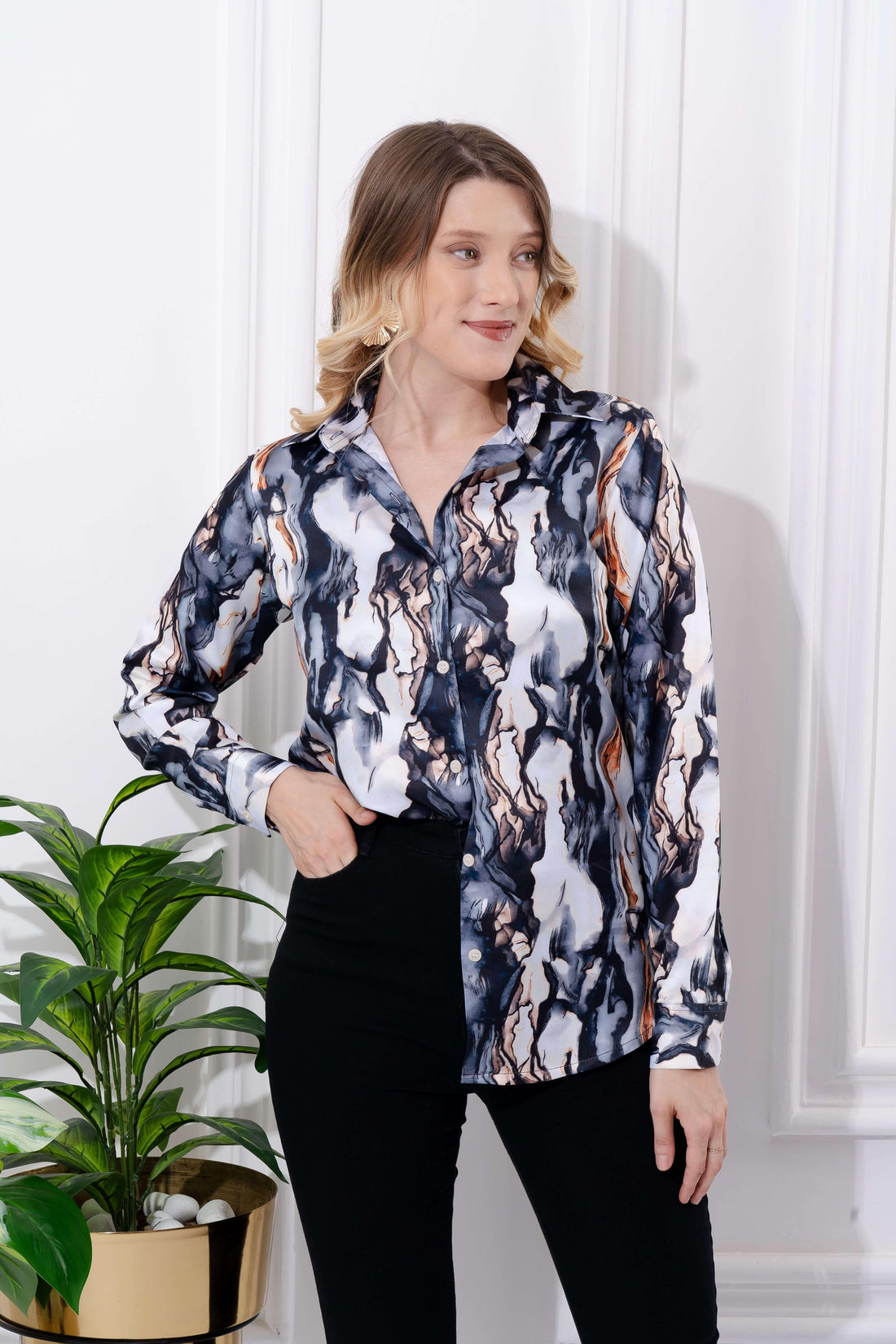 Abstract Marble Printed Satin Shirt - Vooning