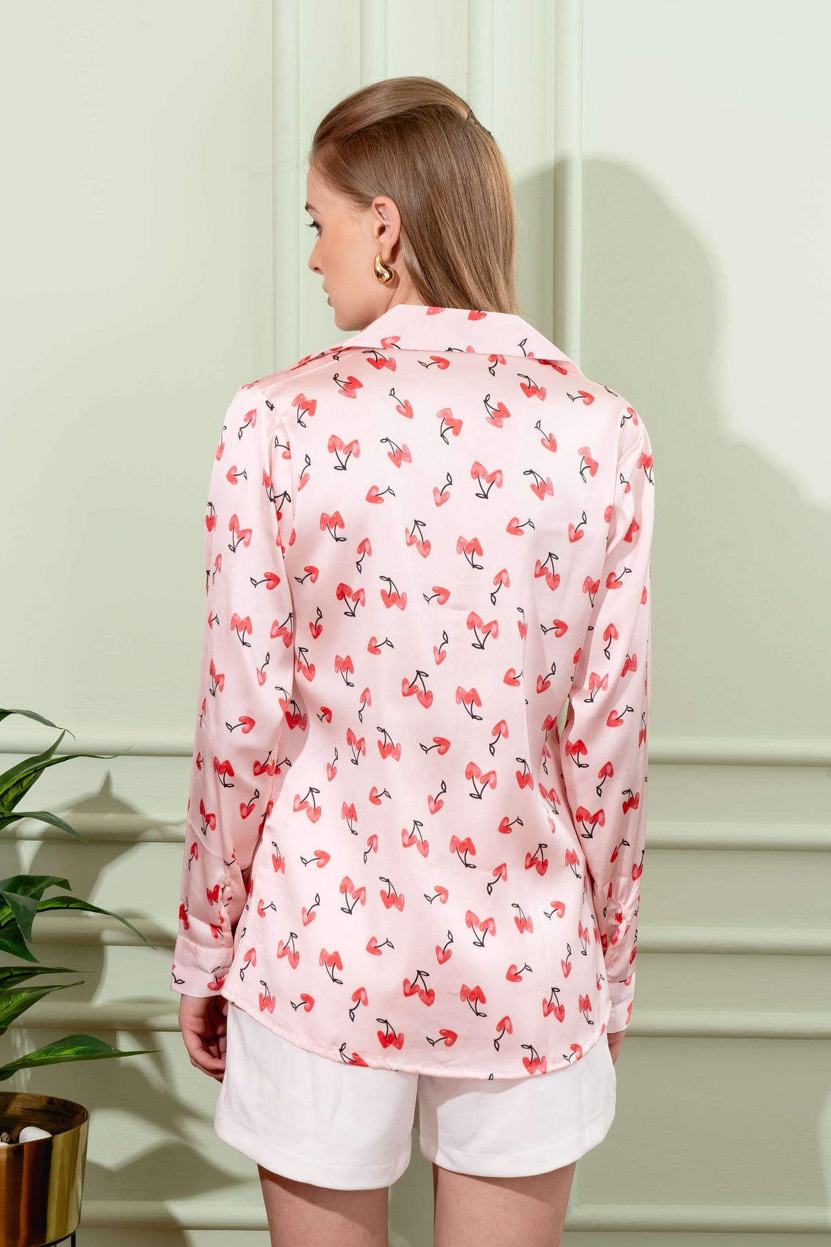 Baby Pink Cherry Heart Printed Shirt - Vooning