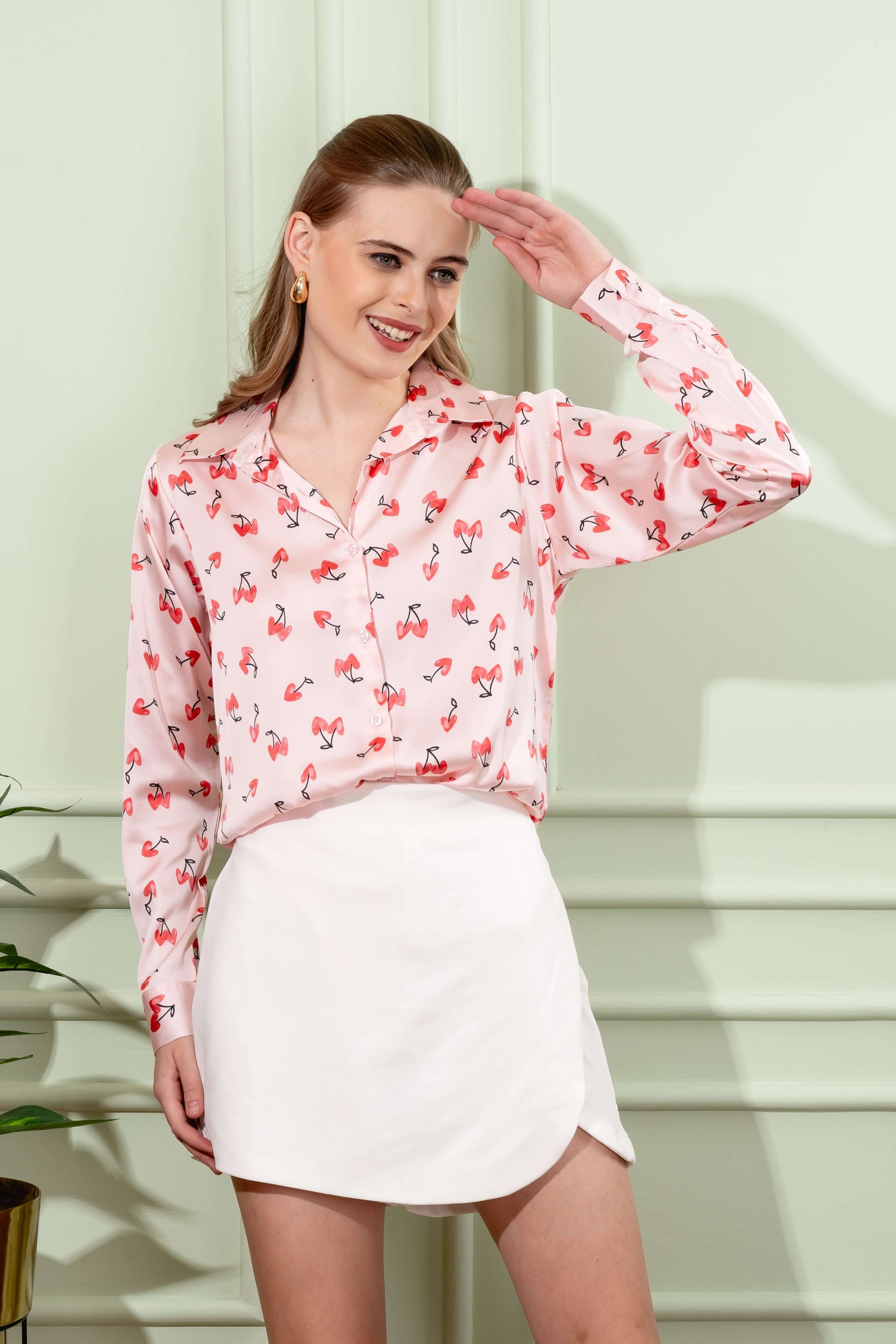 Baby Pink Cherry Heart Printed Shirt - Vooning