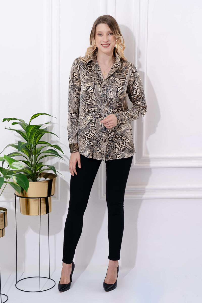 Buy Beige Animal Print Satin Shirt full For Women