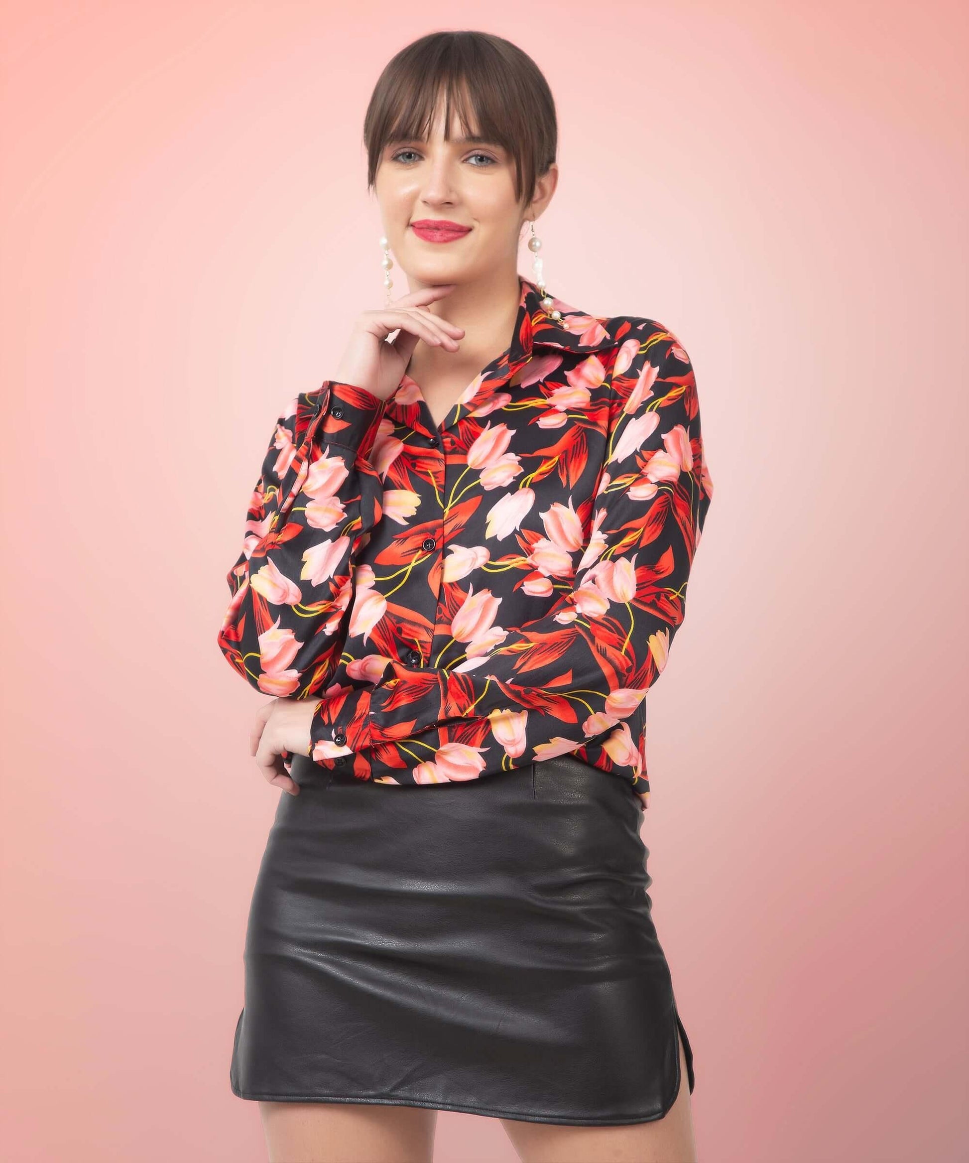 Black Floral Printed Satin Shirt - Vooning