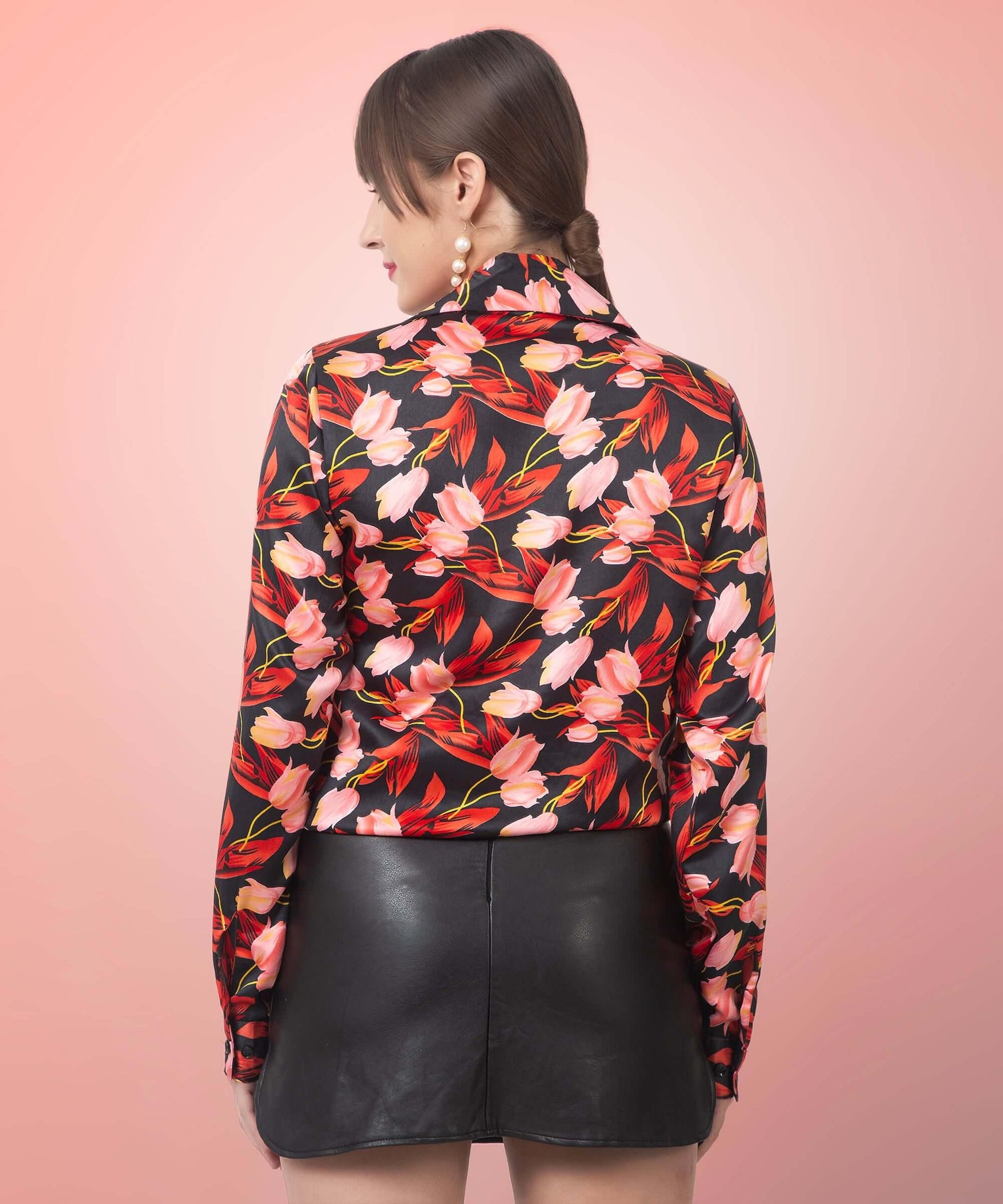 Black Floral Printed Satin Shirt - Vooning