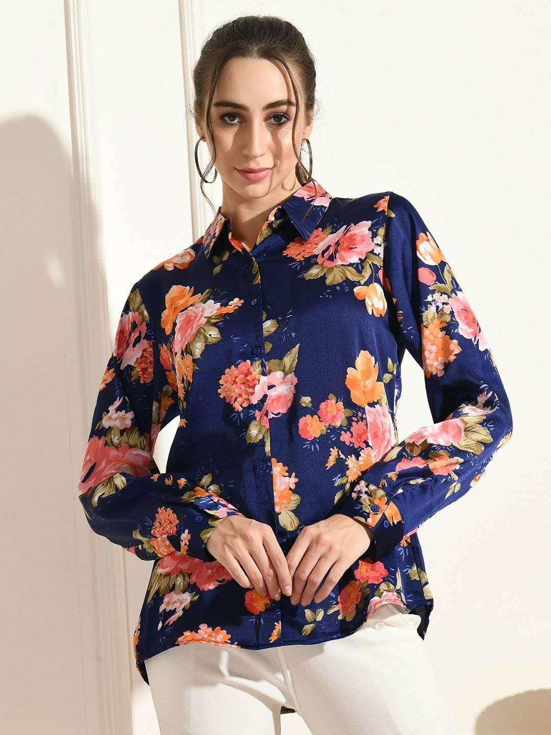 Blue Floral Printed Shirt - Vooning