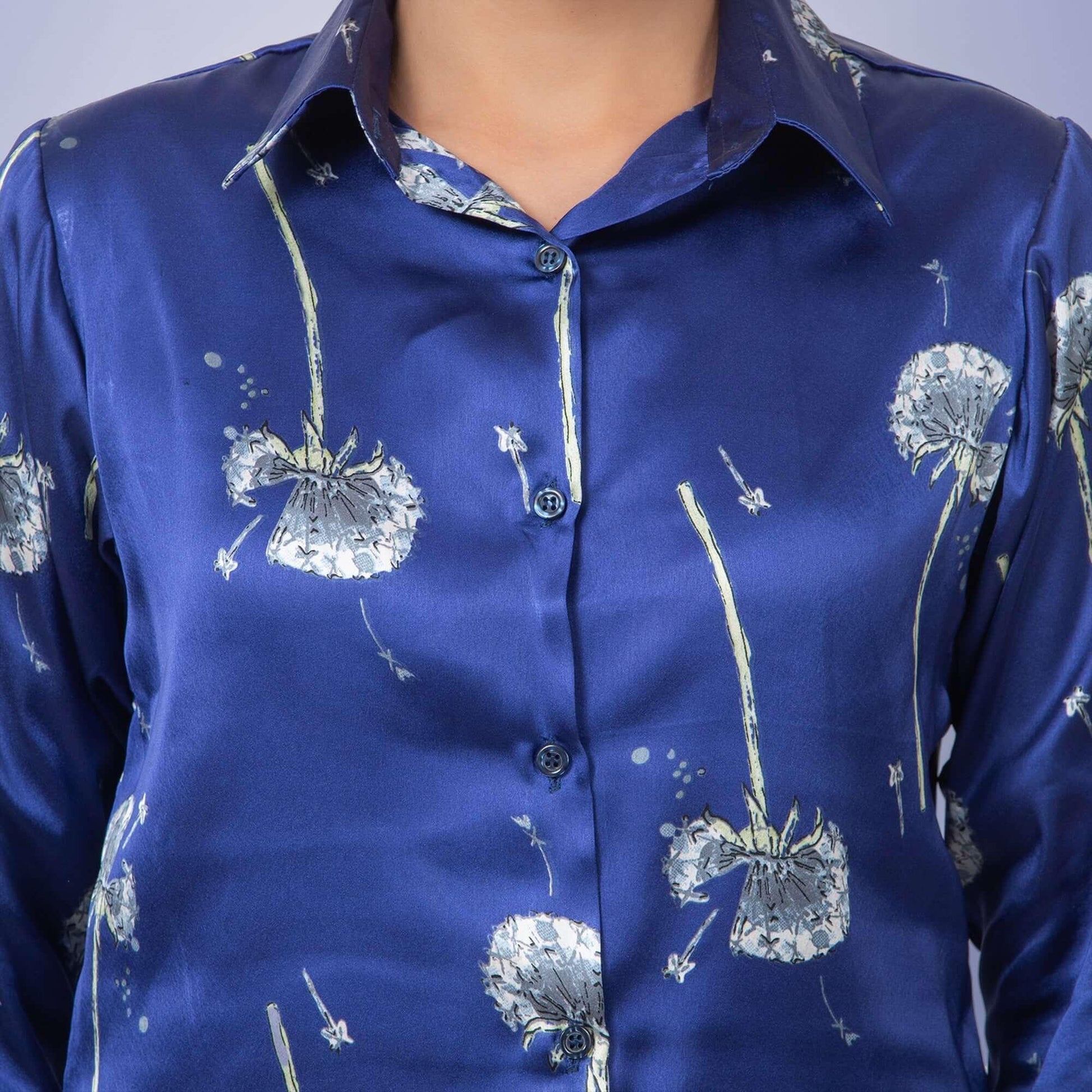 Blue Floral Satin Shirt - Vooning