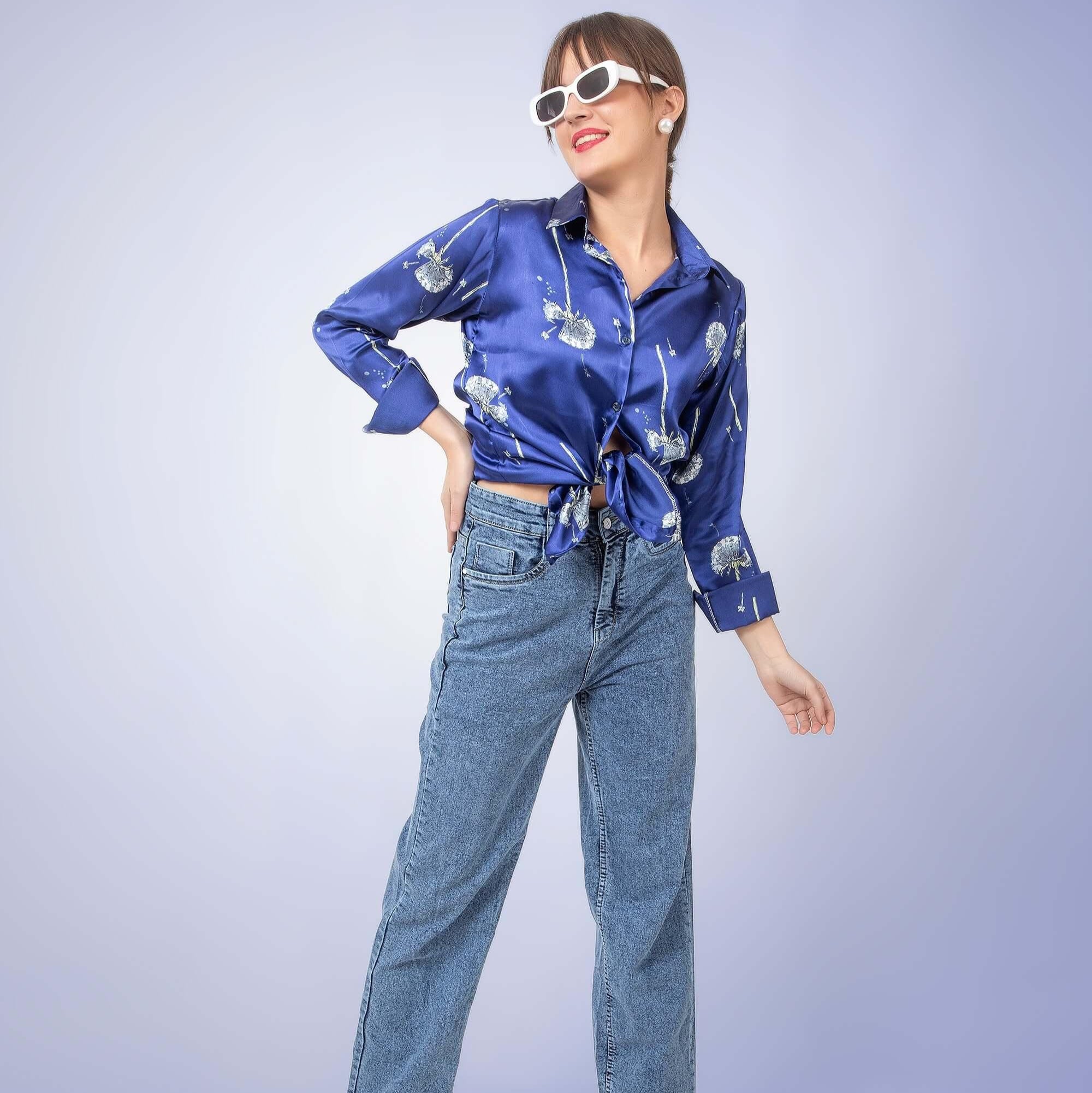 Blue Floral Satin Shirt - Vooning