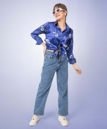 Blue Floral Satin Shirt - Vooning