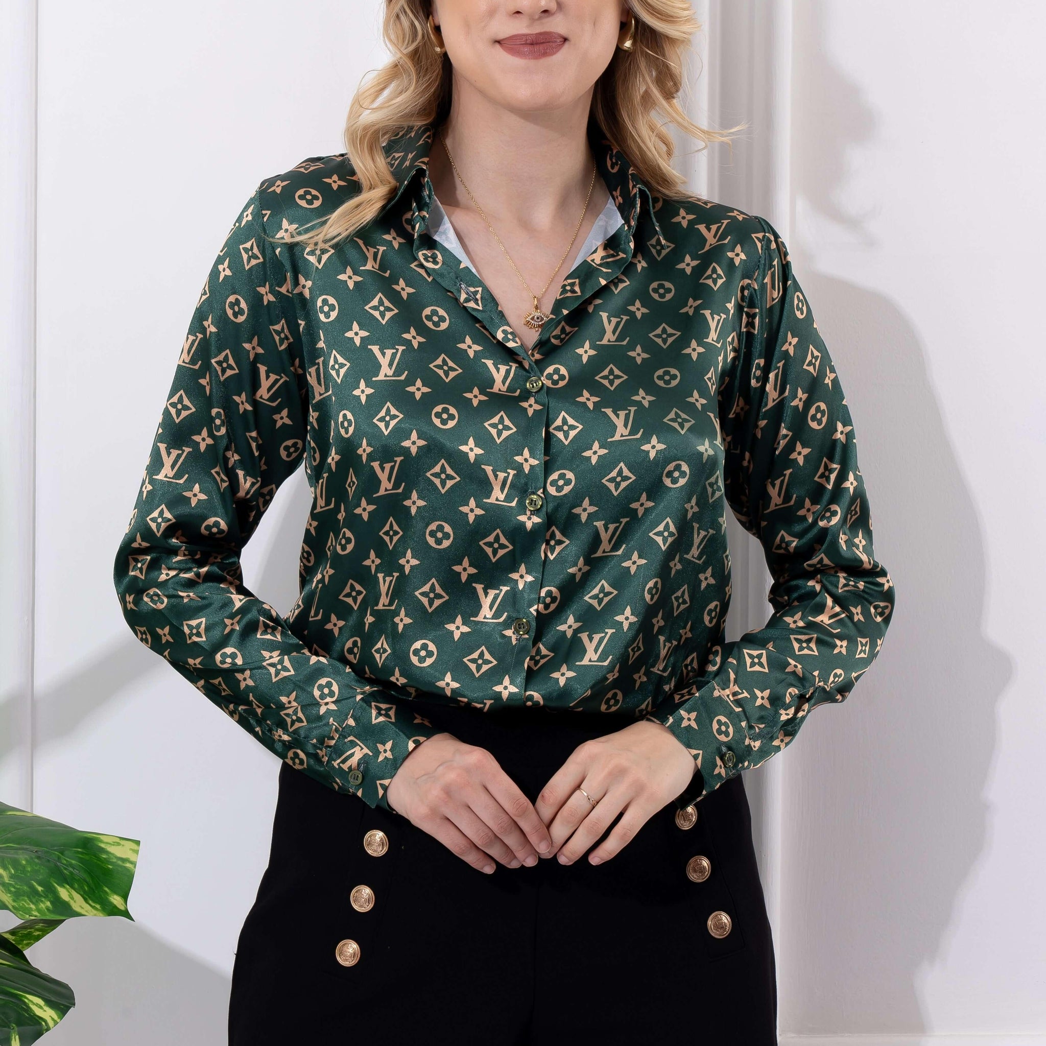 Brand Print Dark Green Satin Shirt - Vooning