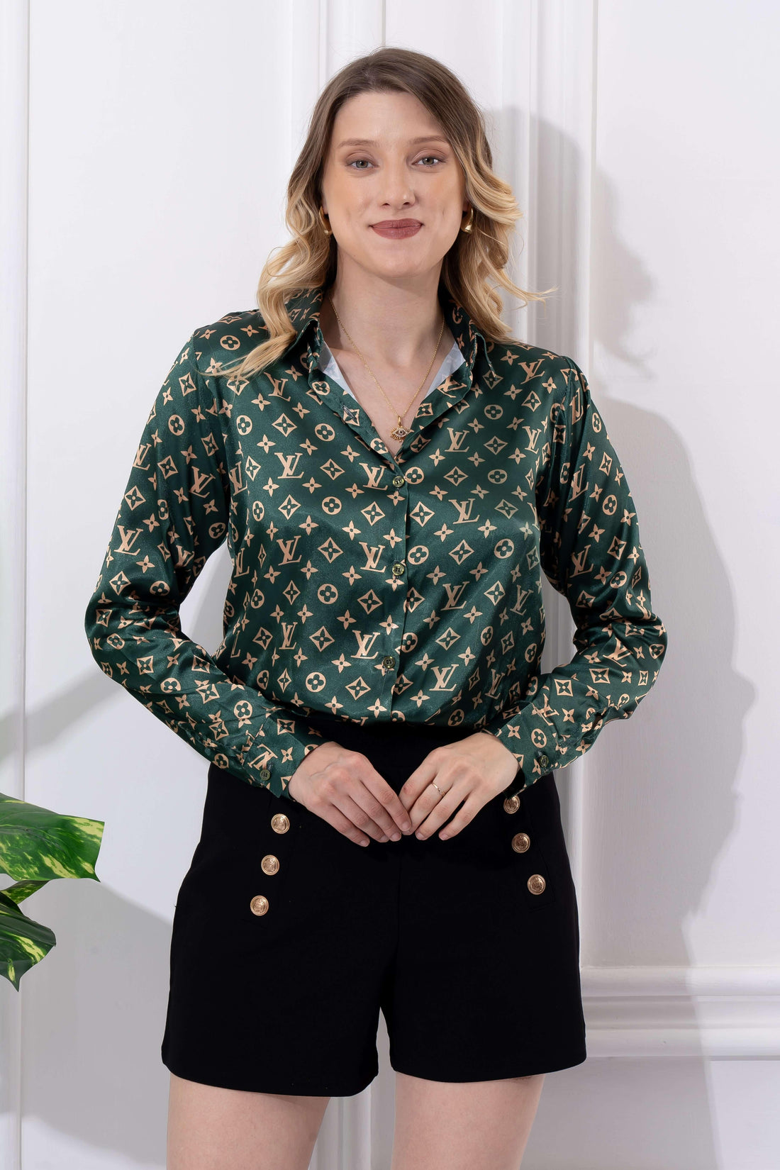 Brand Print Dark Green Satin Shirt - Vooning