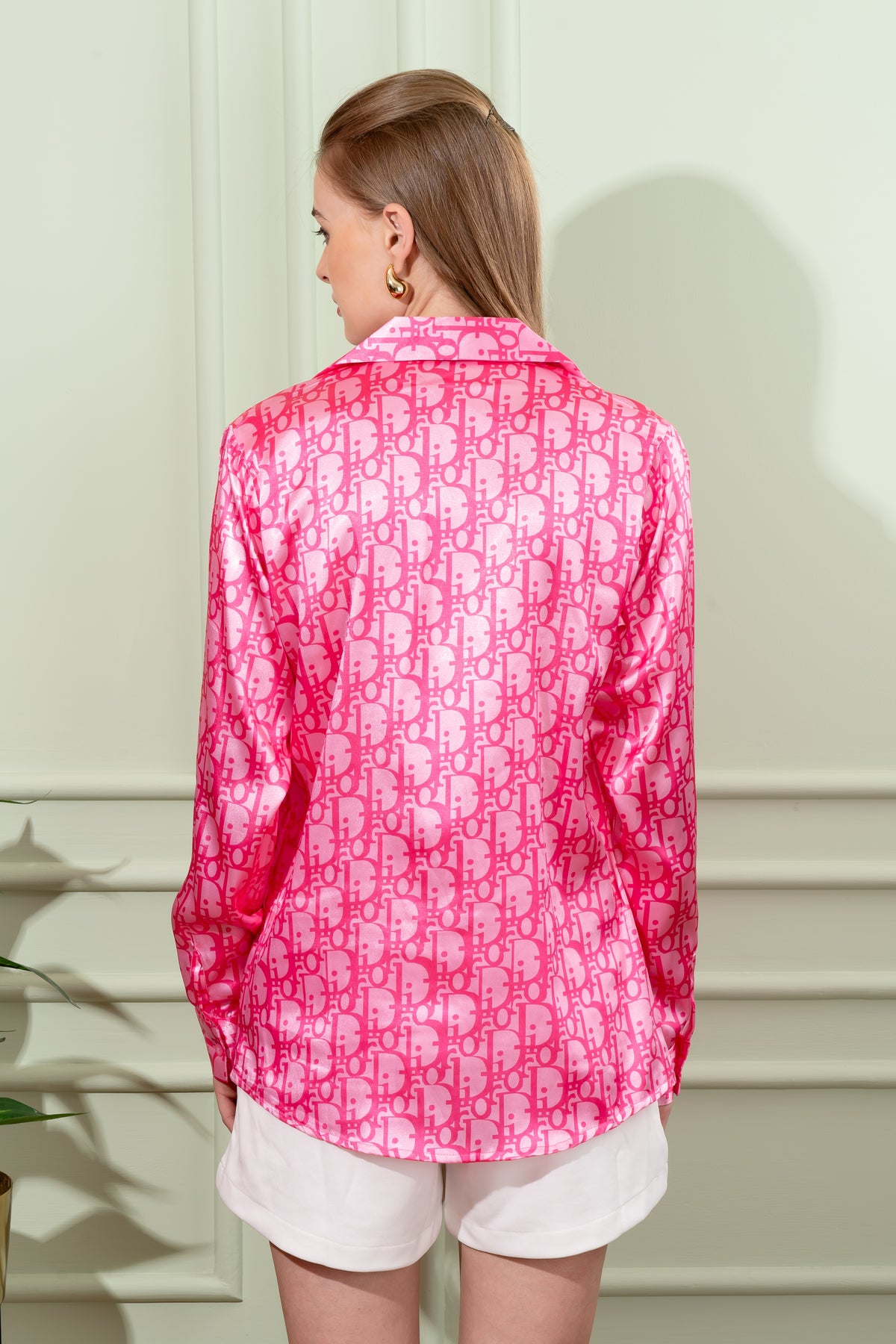 Brand Print Pink Satin Shirt