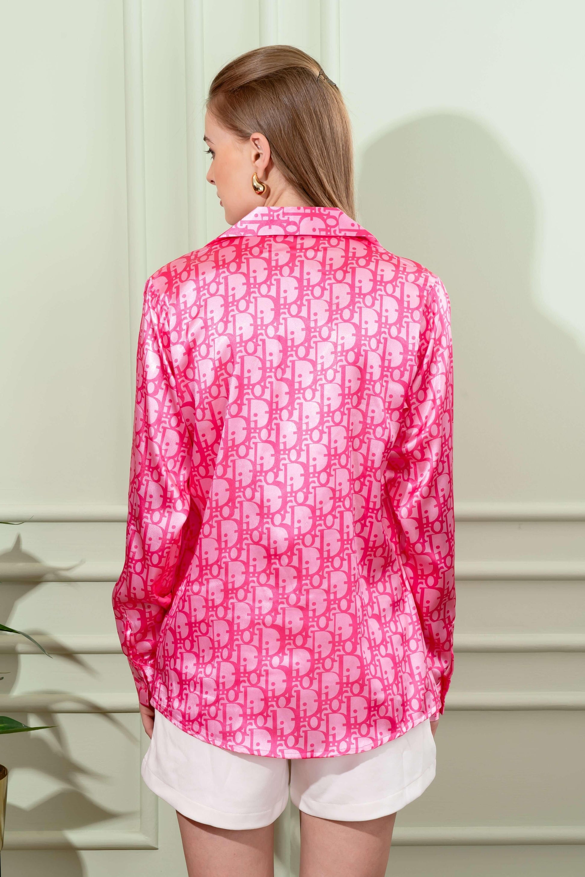 Brand Print Pink Satin Shirt - Vooning