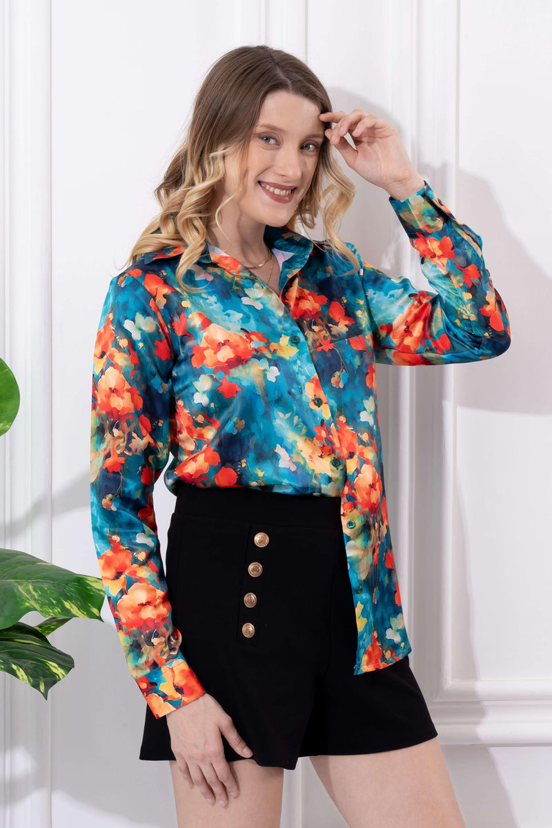 Bright Multicolor Printed Satin Shirt - Vooning