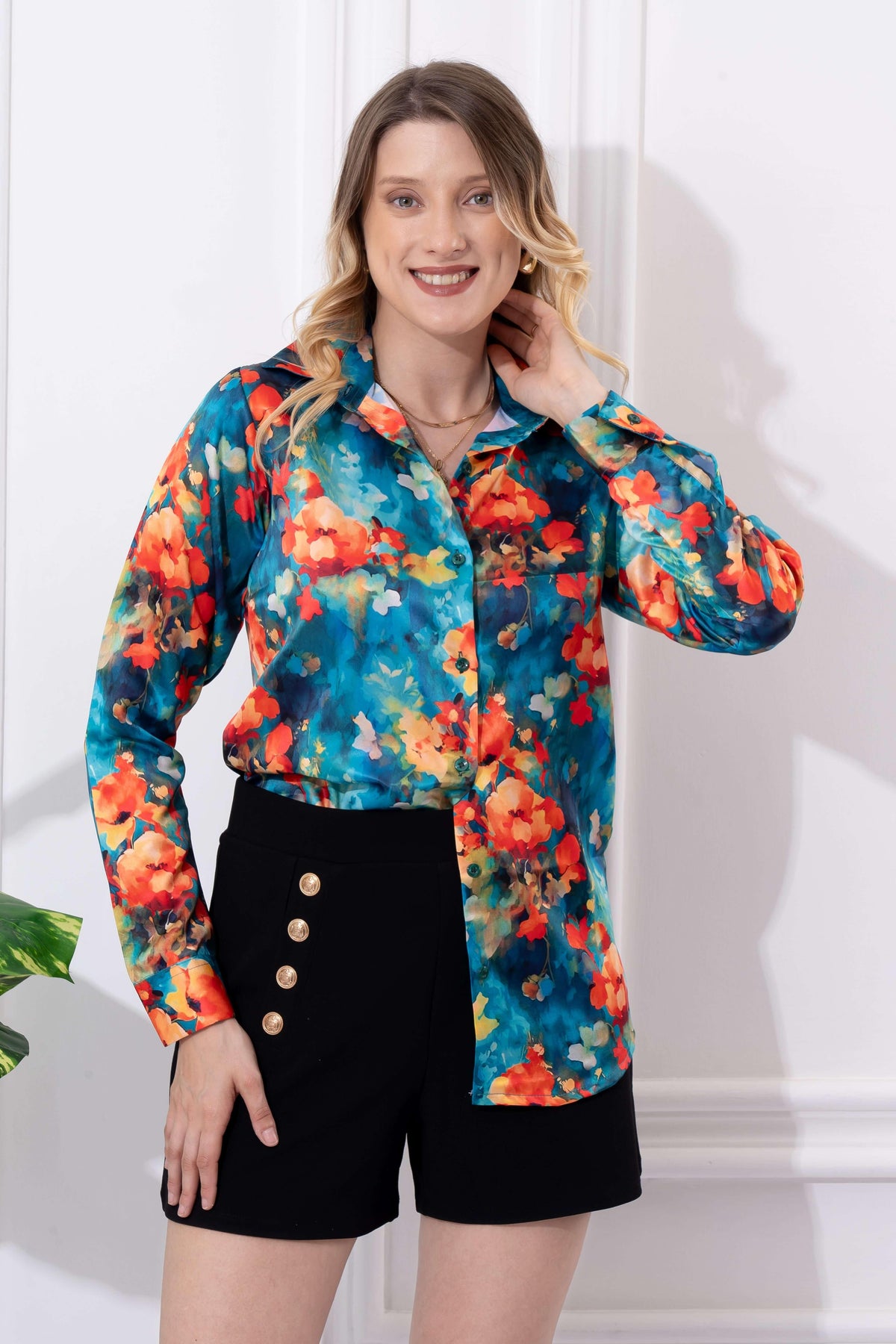 Bright Multicolor Printed Satin Shirt - Vooning