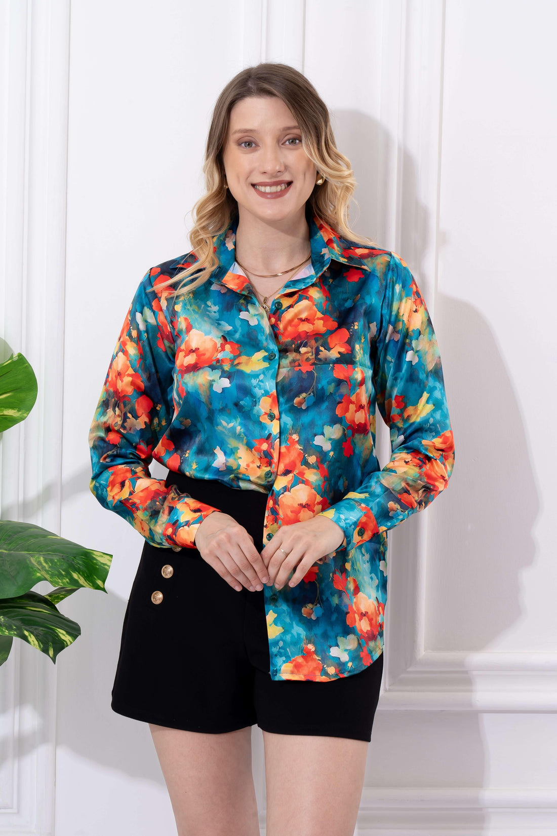 Bright Multicolor Printed Satin Shirt - Vooning