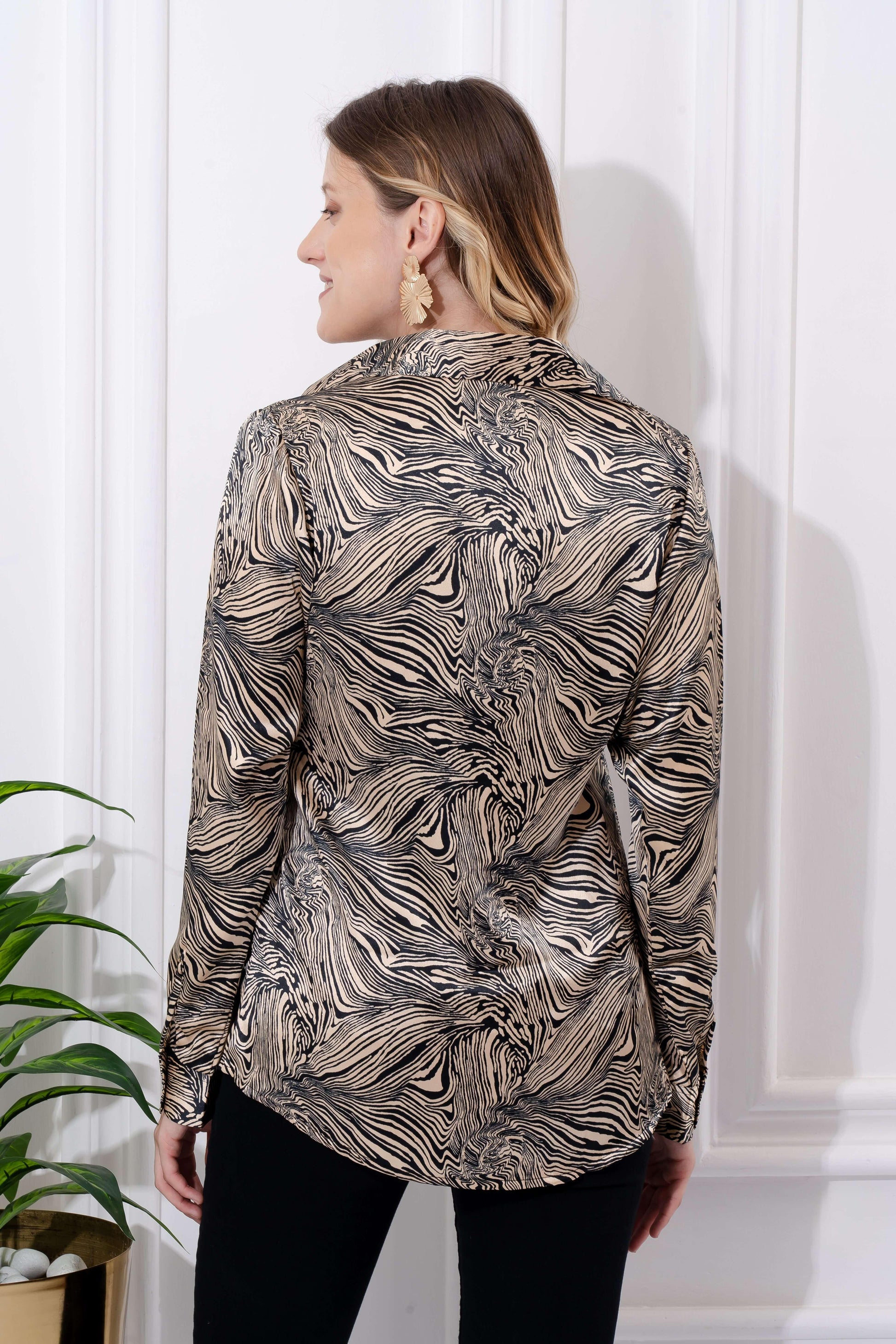 Buy Beige Animal Print Satin Shirt Front For Women - Vooning