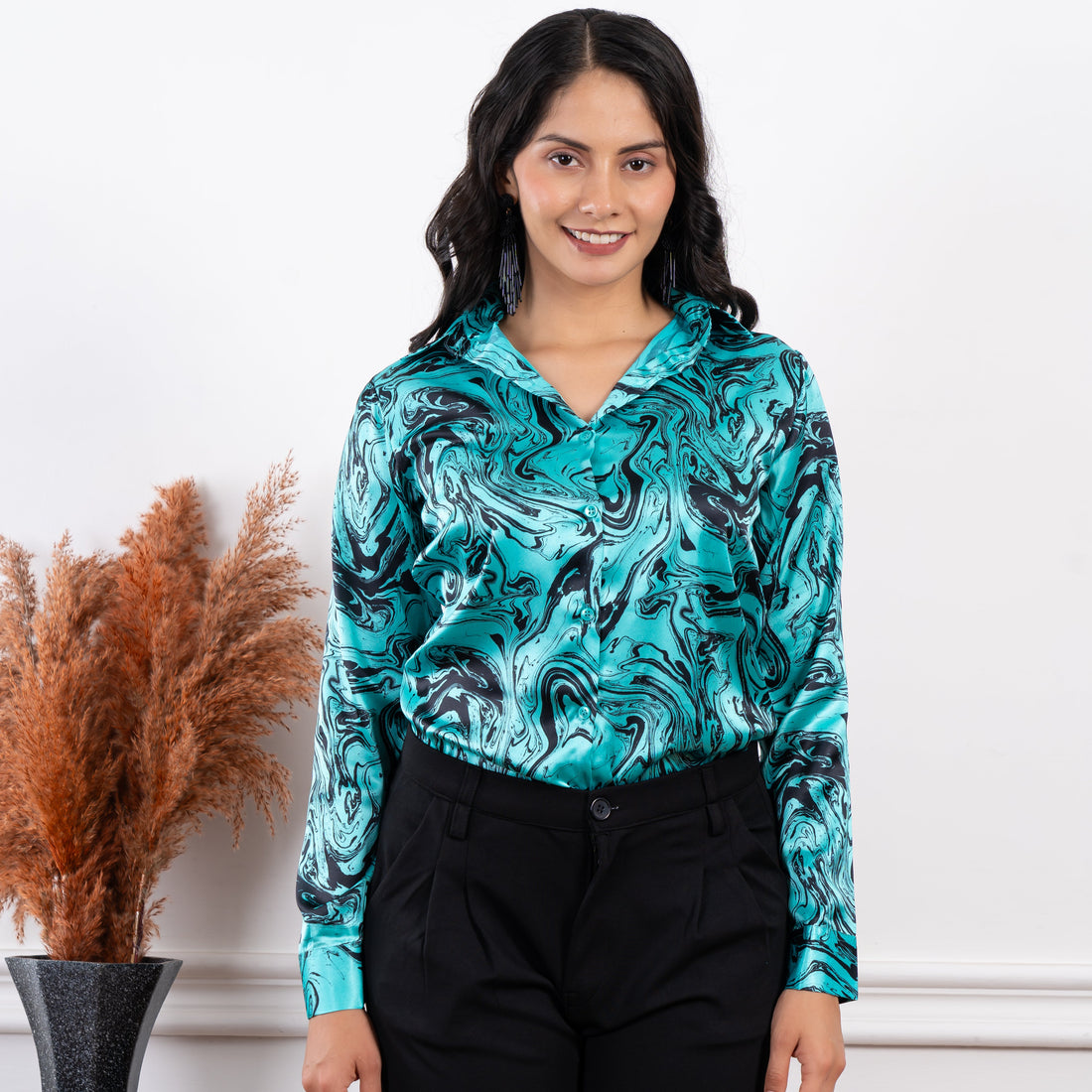 Calista Teal Green Marble Satin Shirt - Vooning