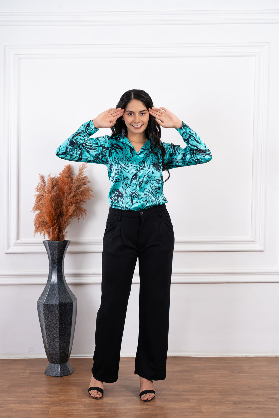 Calista Teal Green Marble Satin Shirt - Vooning