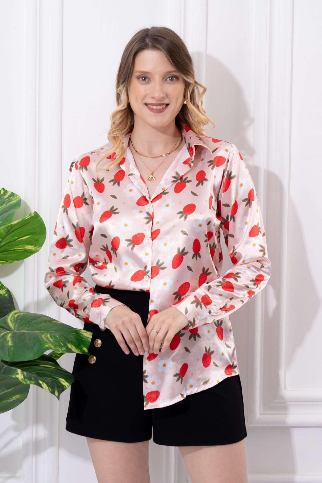 Classy Strawberry Printed Satin Shirt - Vooning