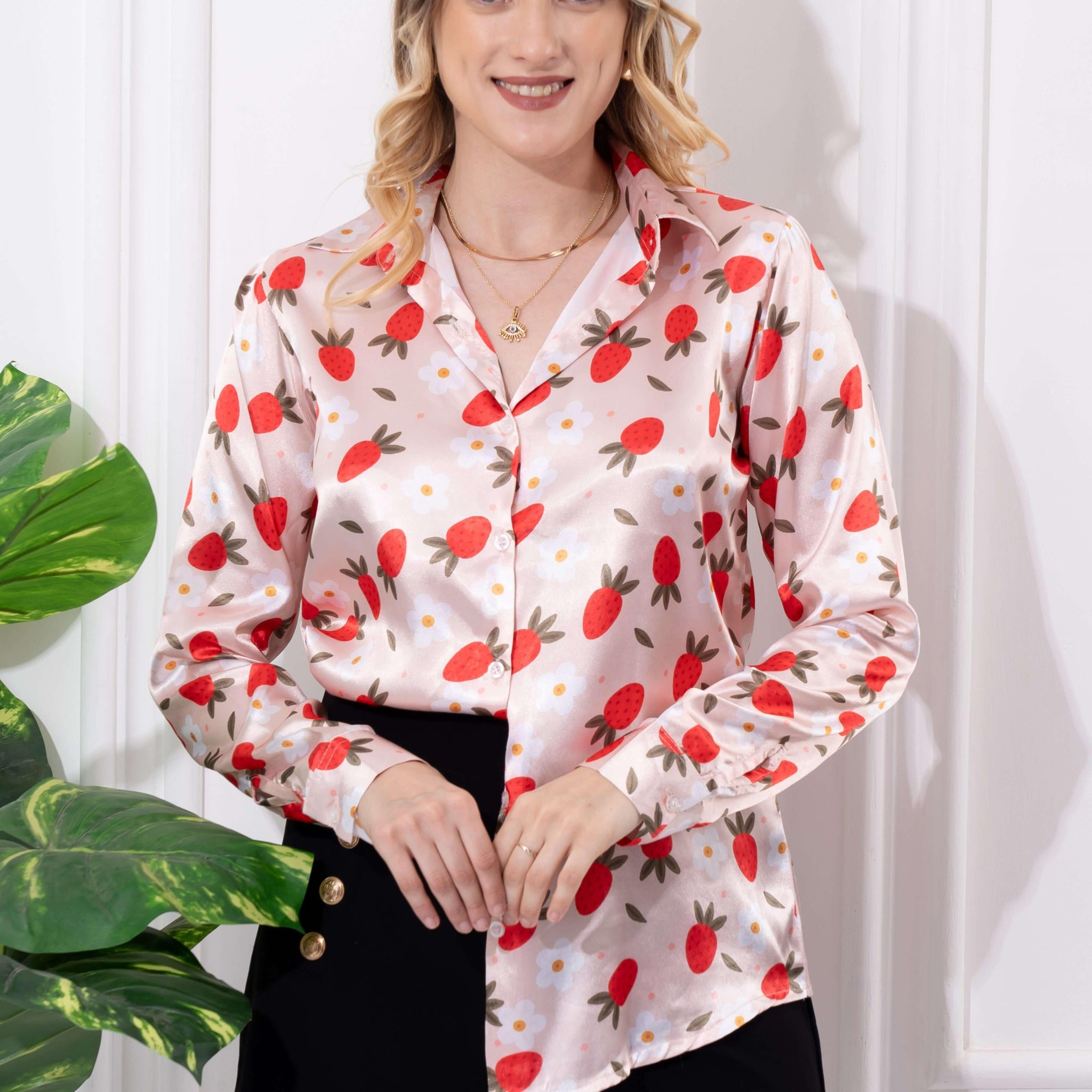 Classy Strawberry Printed Satin Shirt - Vooning