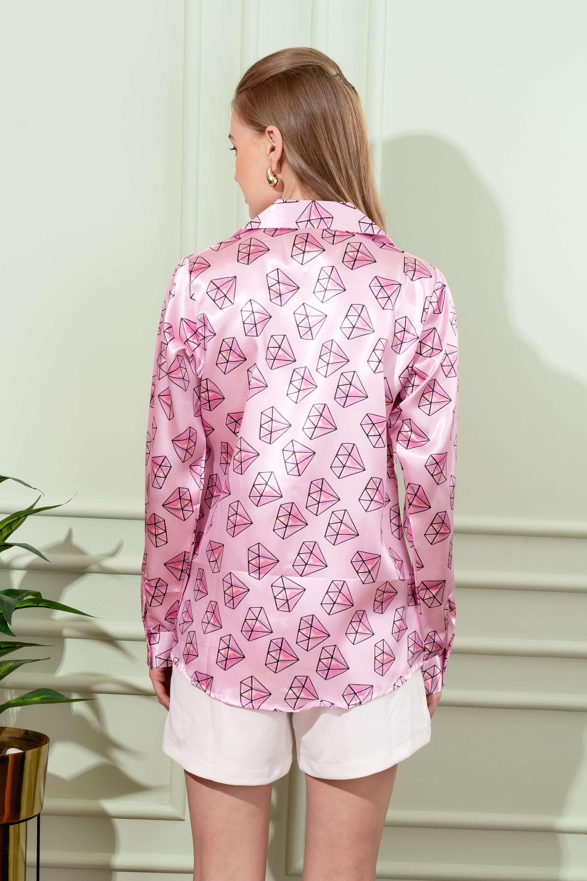 Diamond Pink Printed Satin Shirt For Women back side