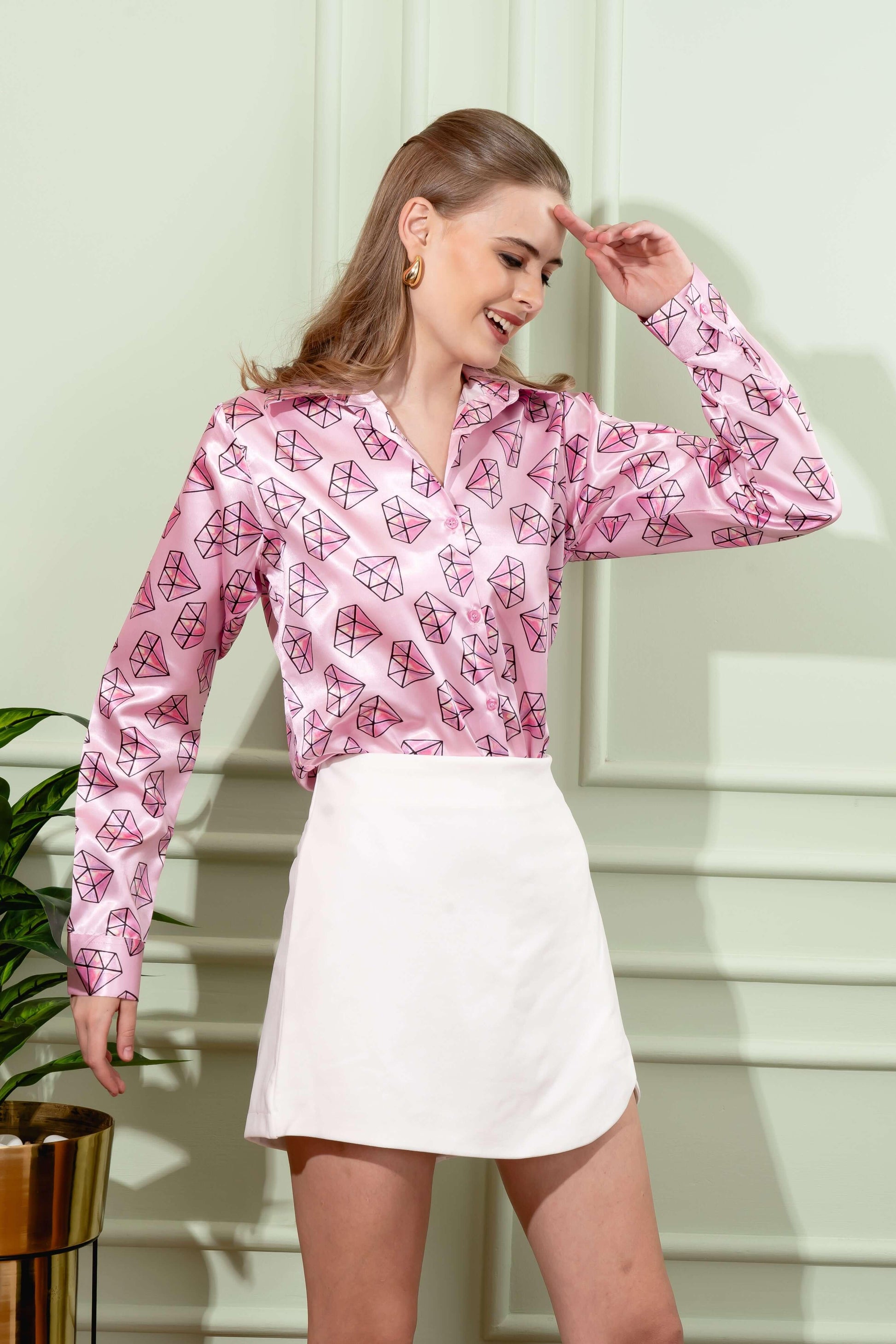 Diamond Pink Printed Satin Shirt For Women right side