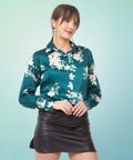 Floral Teel Green Satin Shirt - Vooning