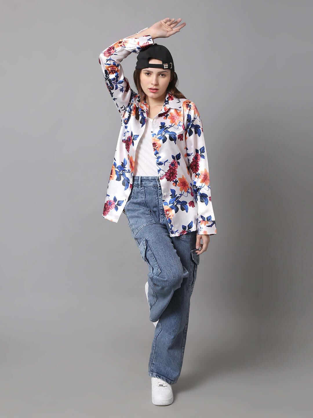 Floral Pattern Satin Shirt - Vooning