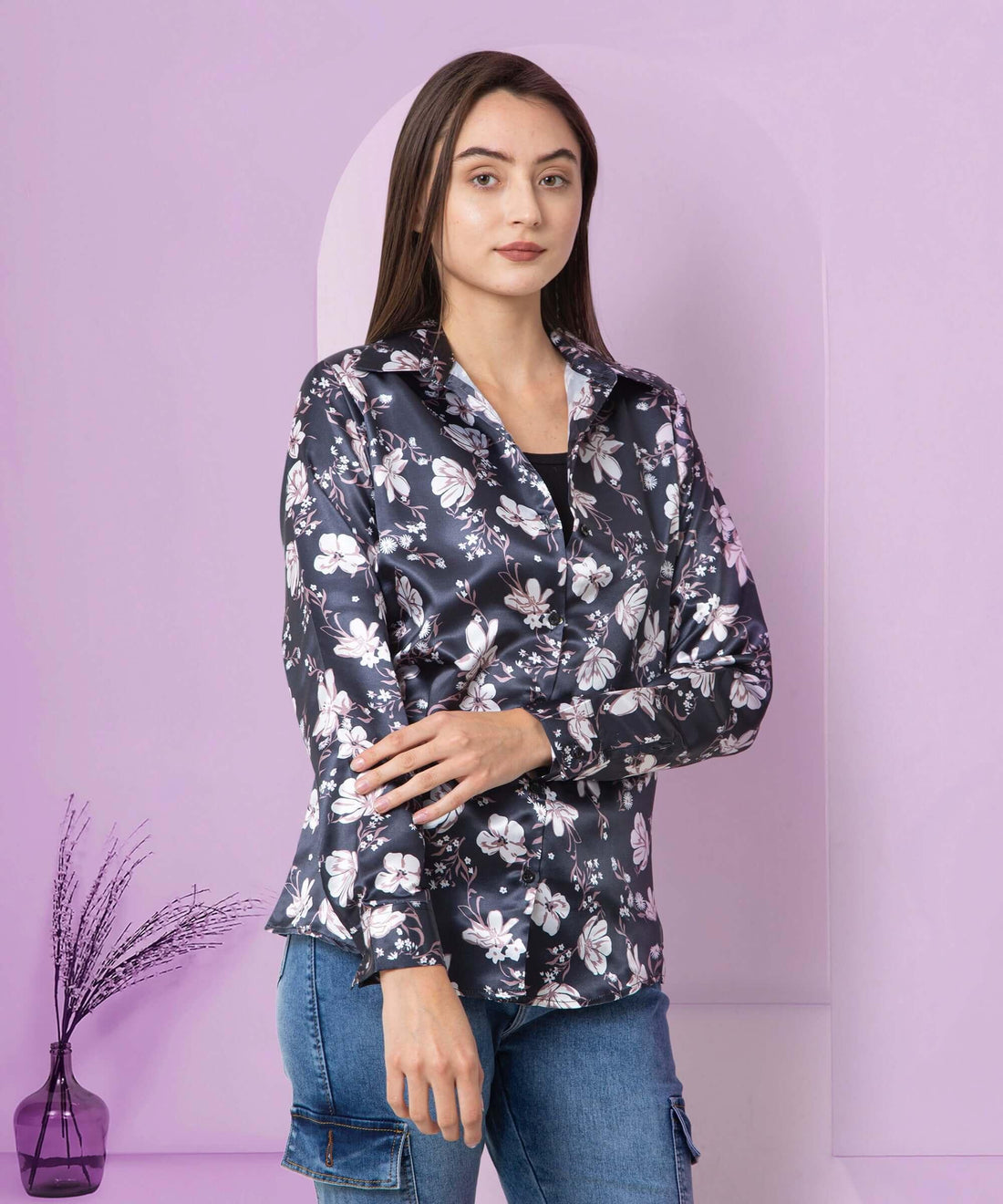 Floral Printed Black Satin Shirt - Vooning