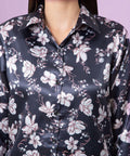 Floral Printed Black Satin Shirt - Vooning