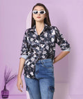 Floral Printed Black Satin Shirt - Vooning