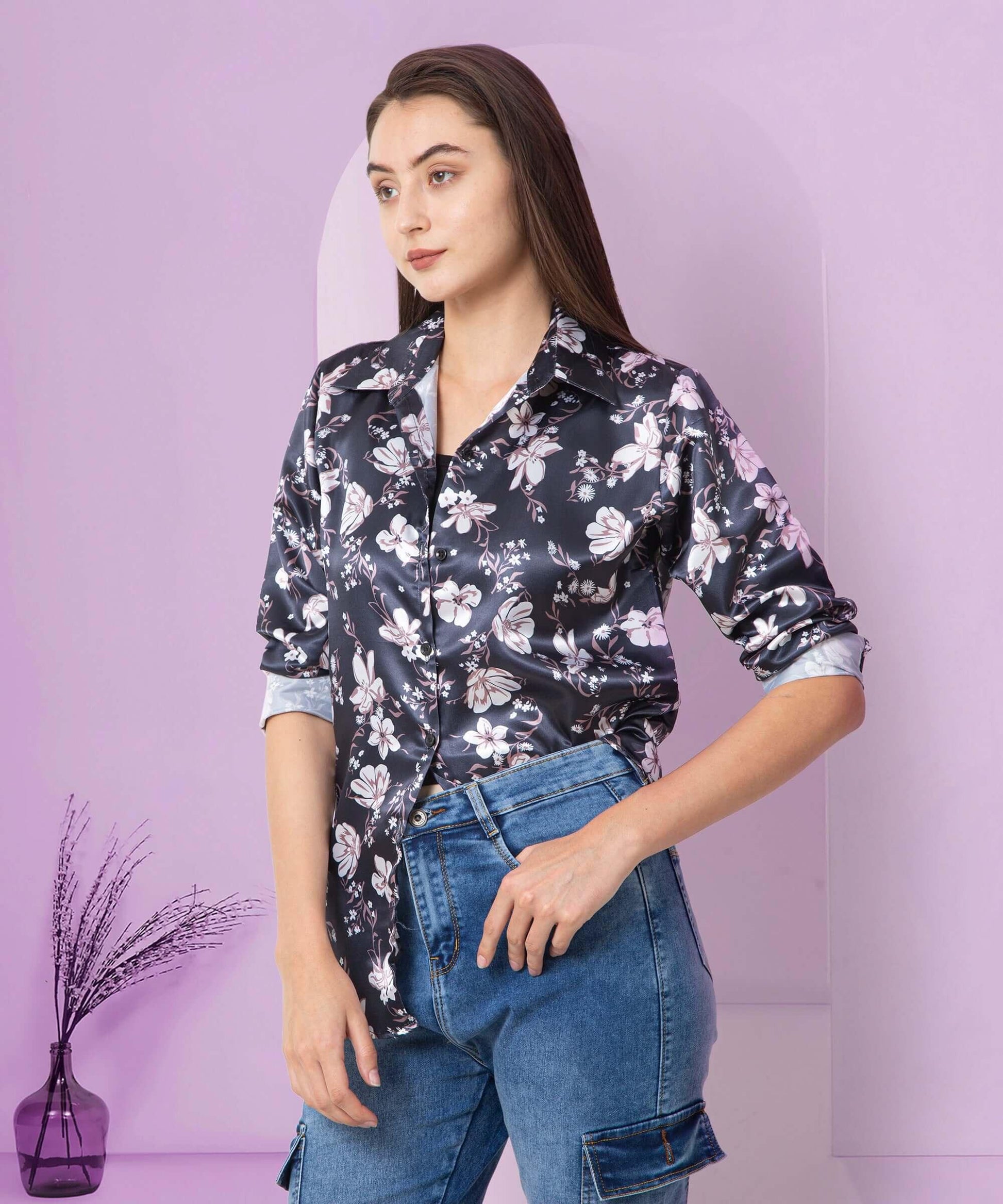 Floral Printed Black Satin Shirt - Vooning