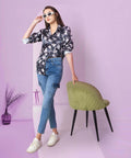 Floral Printed Black Satin Shirt - Vooning