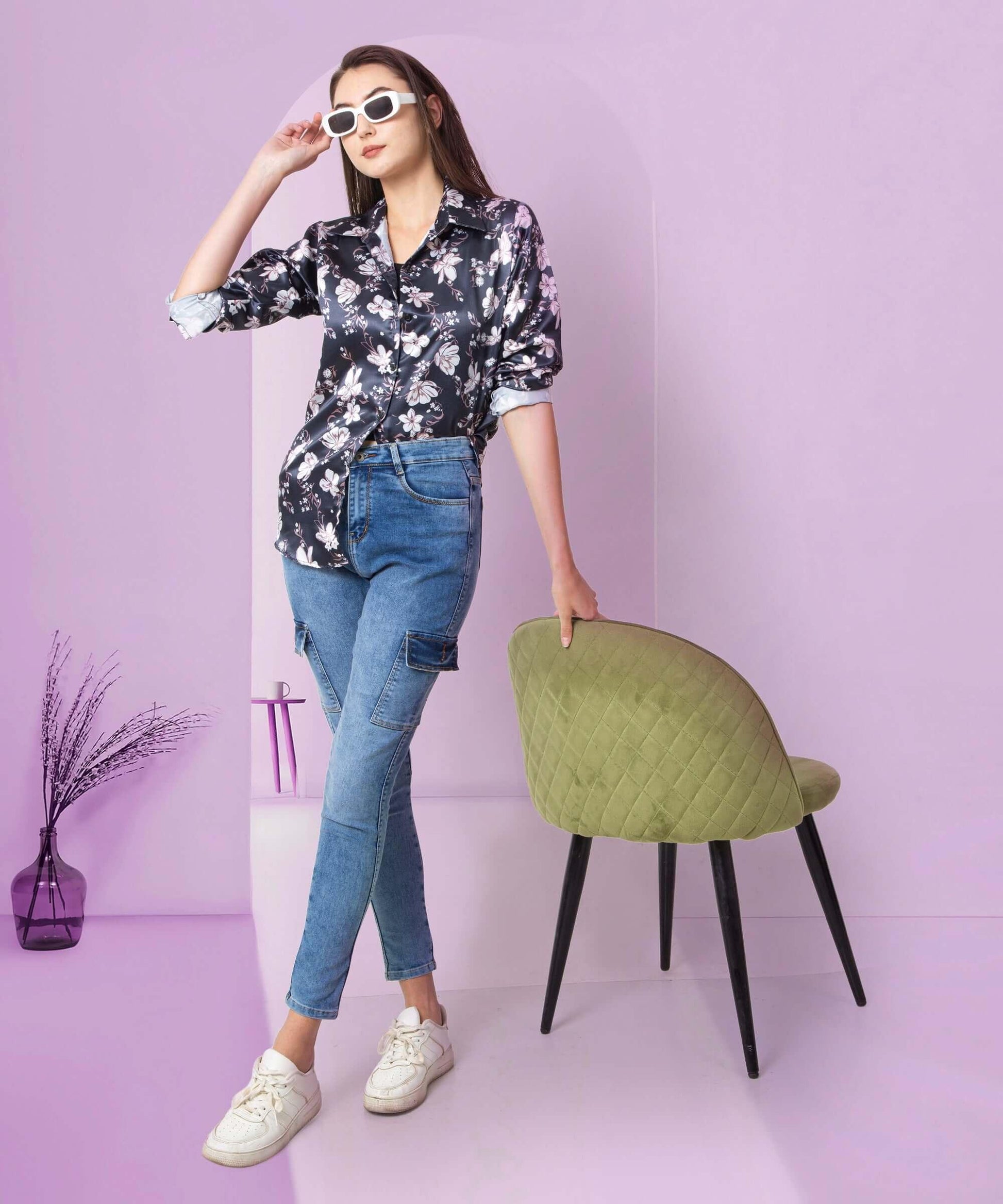 Floral Printed Black Satin Shirt - Vooning