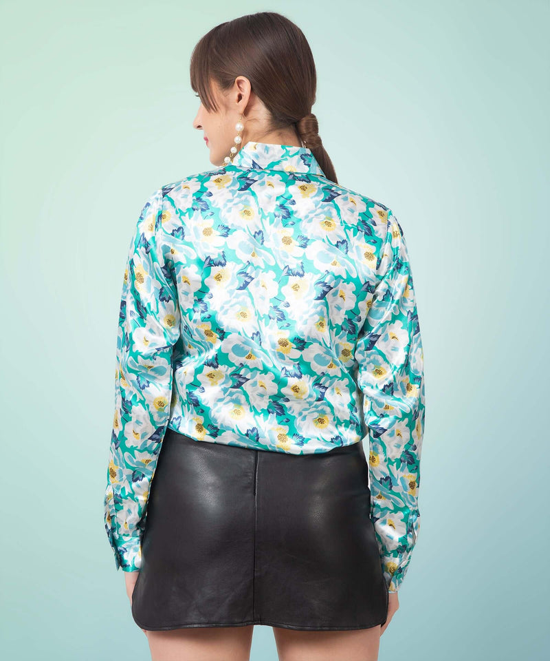 Floral Satin Shirt In Sky Blue - Vooning