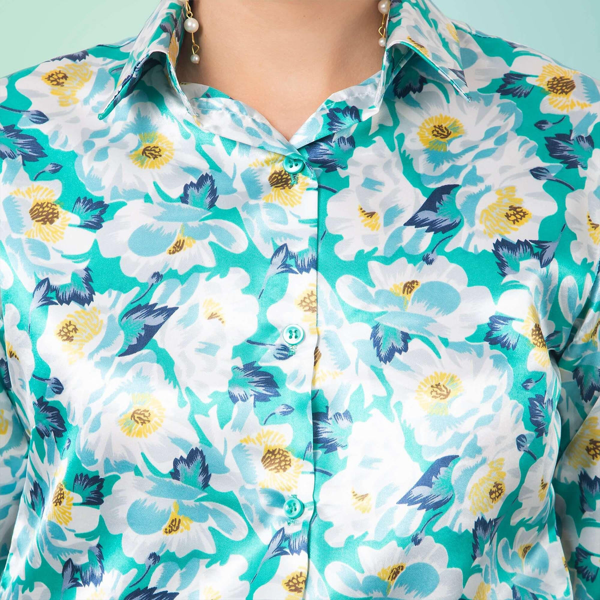 Floral Satin Shirt In Sky Blue - Vooning