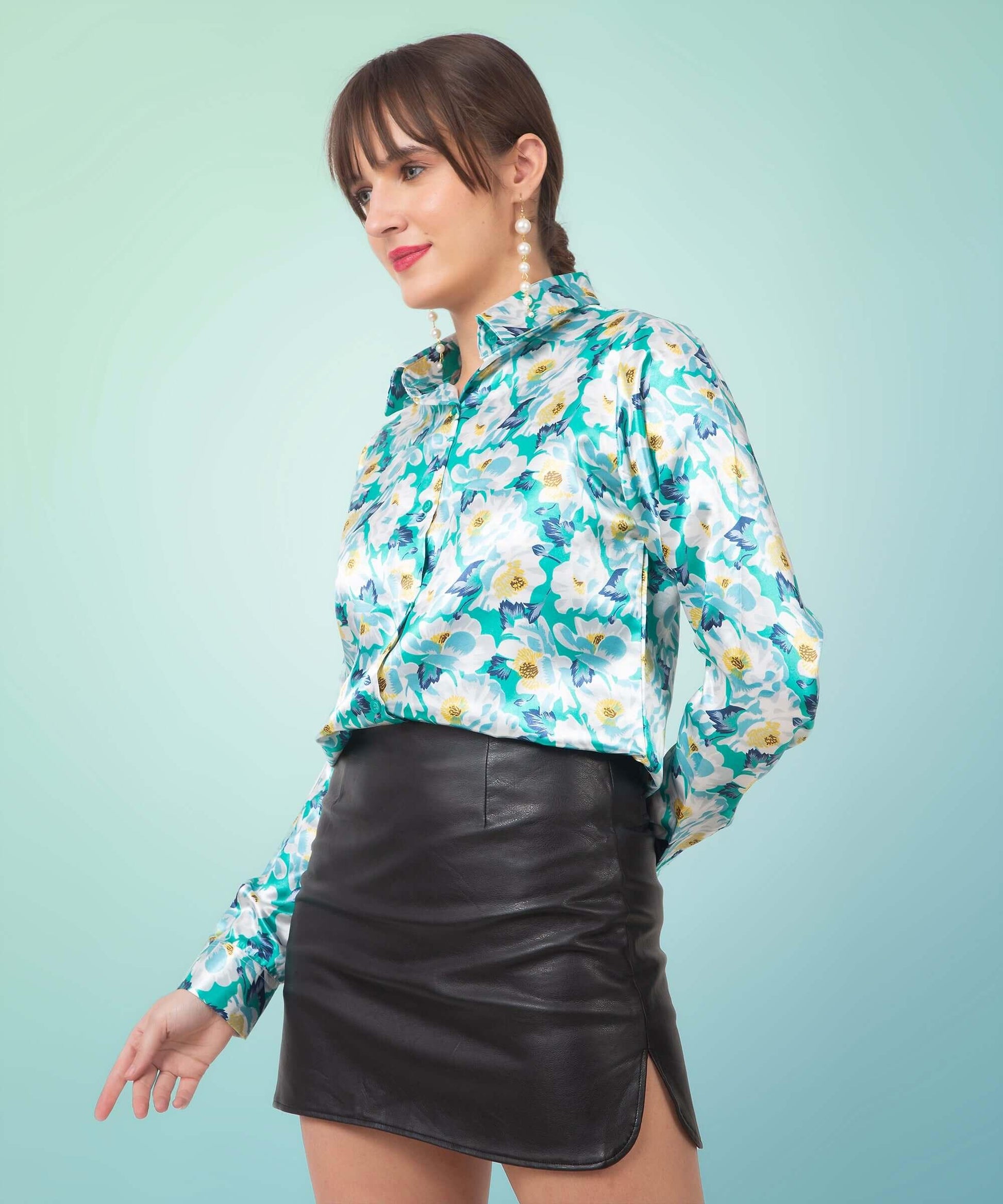 Floral Satin Shirt In Sky Blue - Vooning