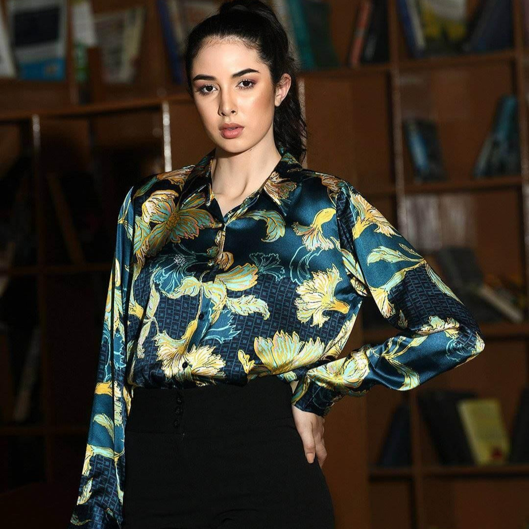 Floral Printed Satin Shirt - Vooning