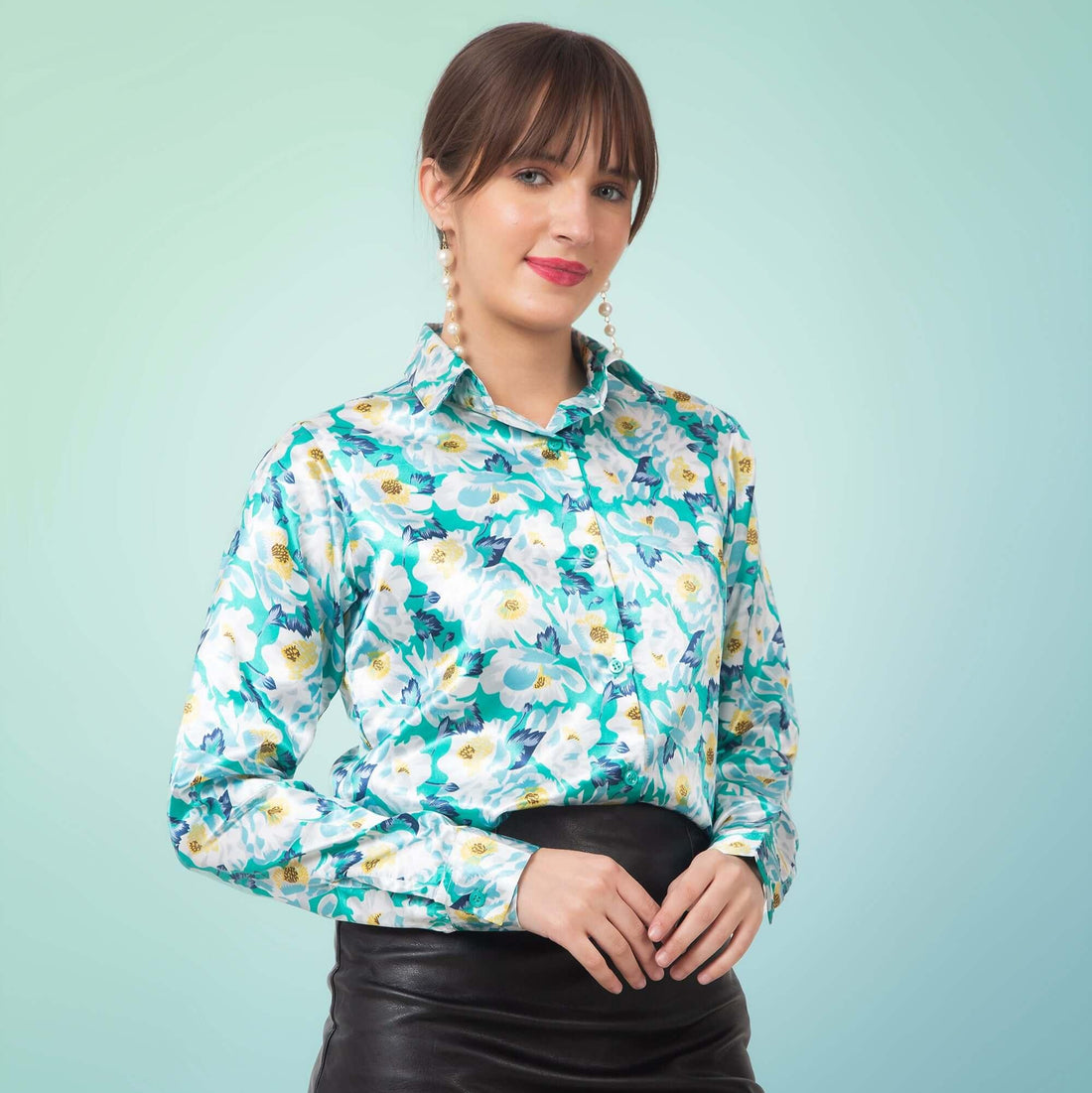 Floral Satin Shirt In Sky Blue - Vooning