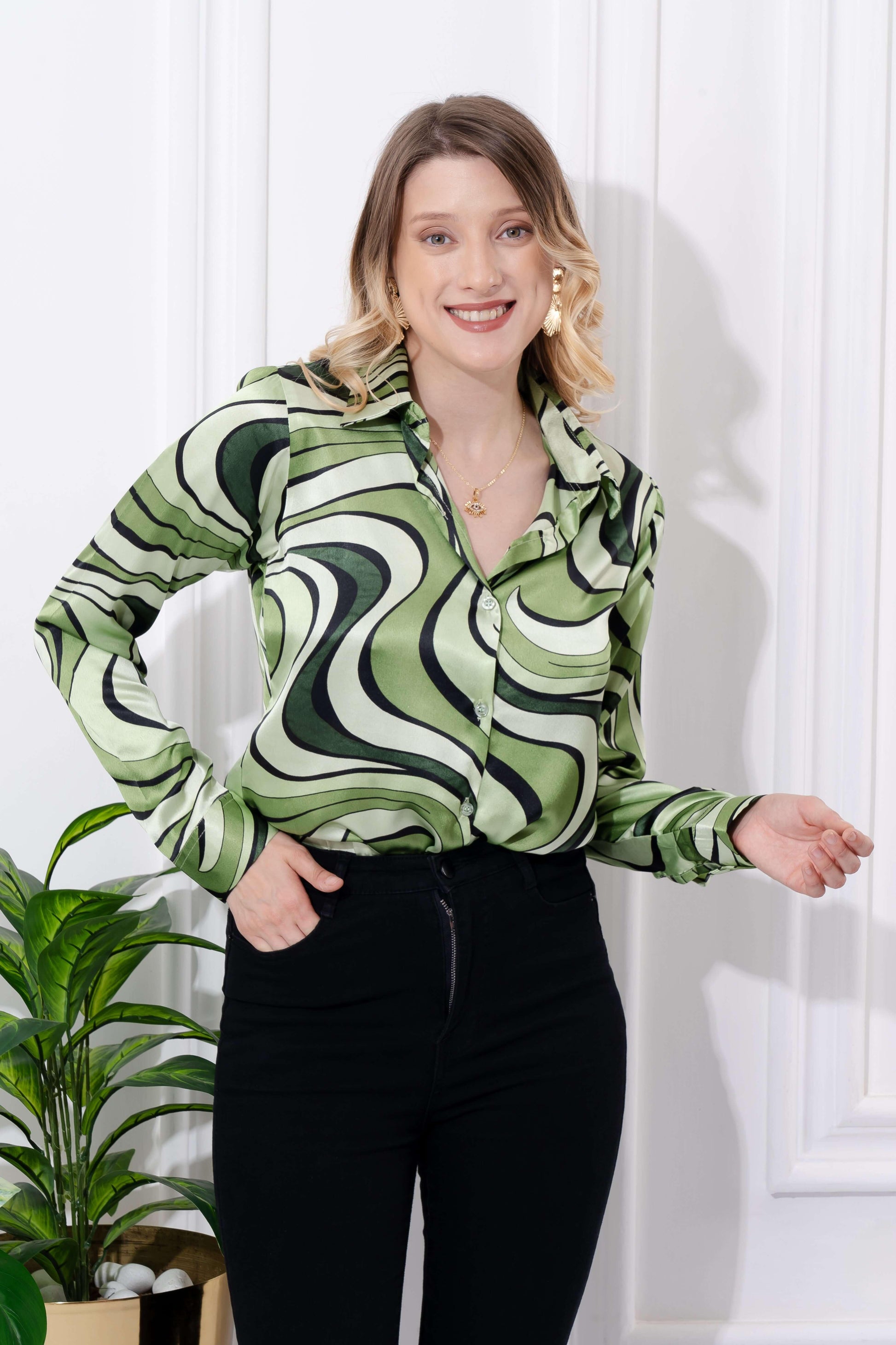 Green Swirl Print Satin Shirt - Vooning