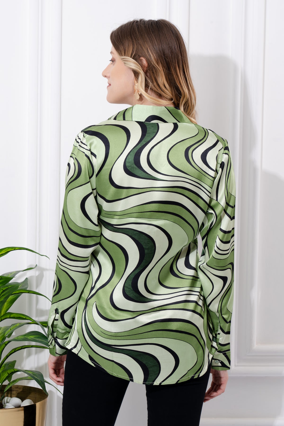 Green Swirl Print Satin Shirt