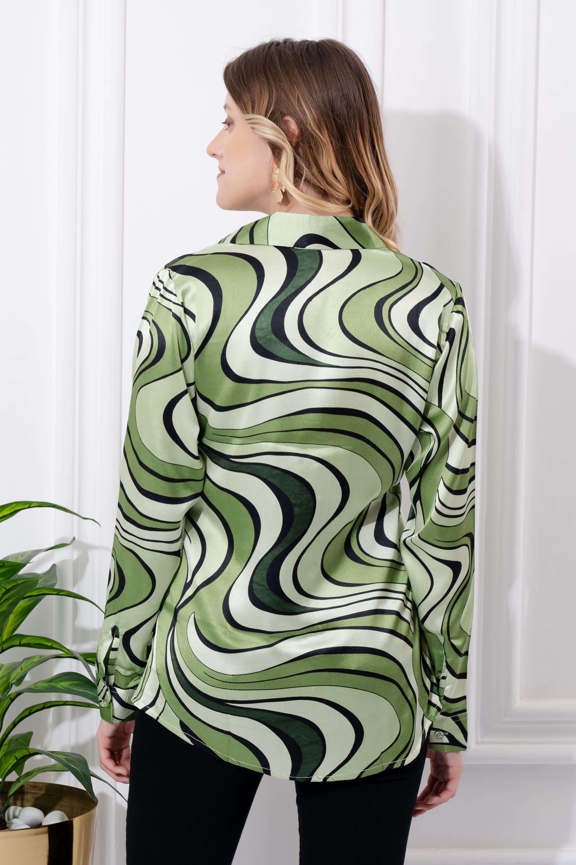 Green Swirl Print Satin Shirt - Vooning