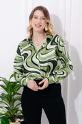 Green Swirl Print Satin Shirt - Vooning