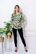 Green Swirl Print Satin Shirt - Vooning